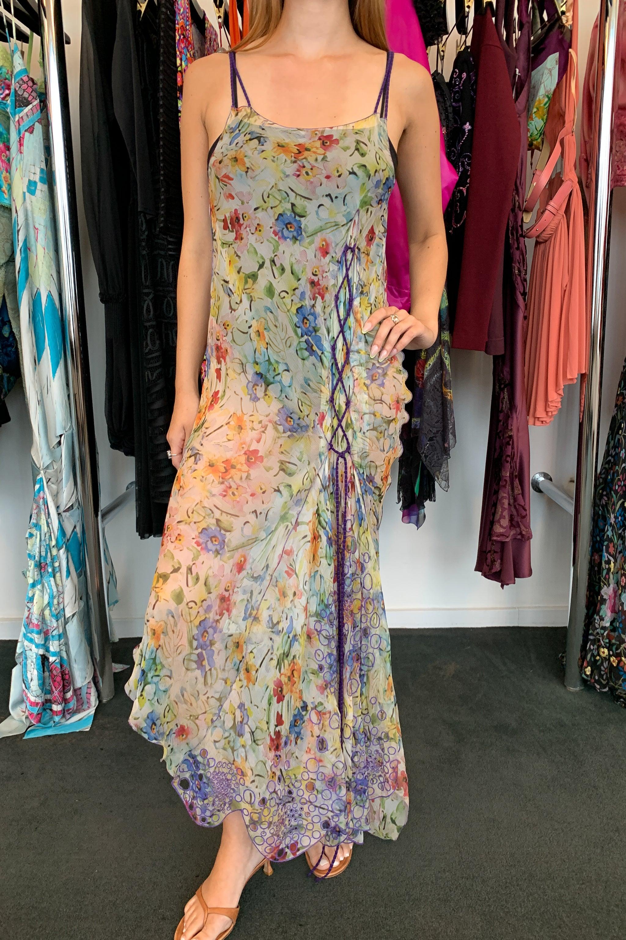 Gray Jean Paul Gaultier Chiffon Floral Slip Dress With Purple Cords 2006