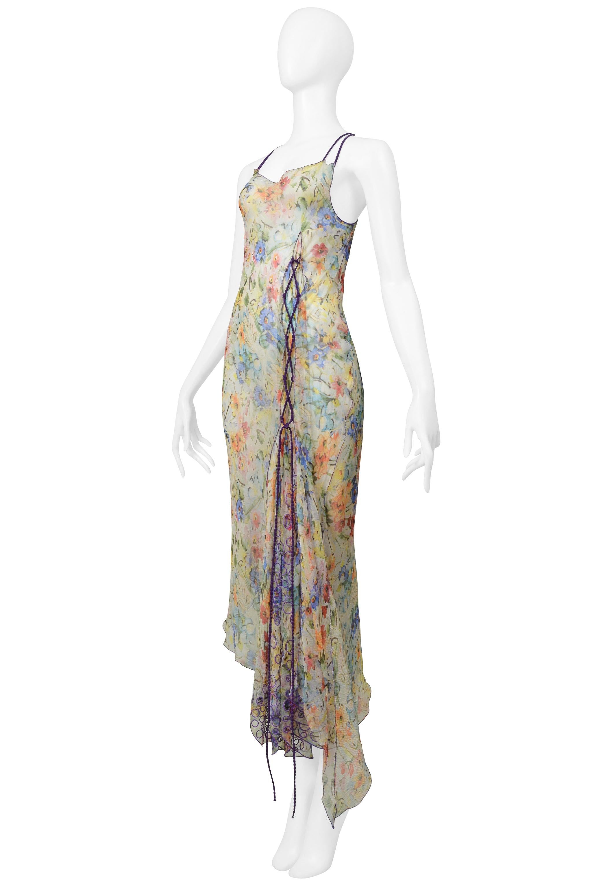 Jean Paul Gaultier Chiffon Floral Slip Dress With Purple Cords 2006 In Excellent Condition In Los Angeles, CA