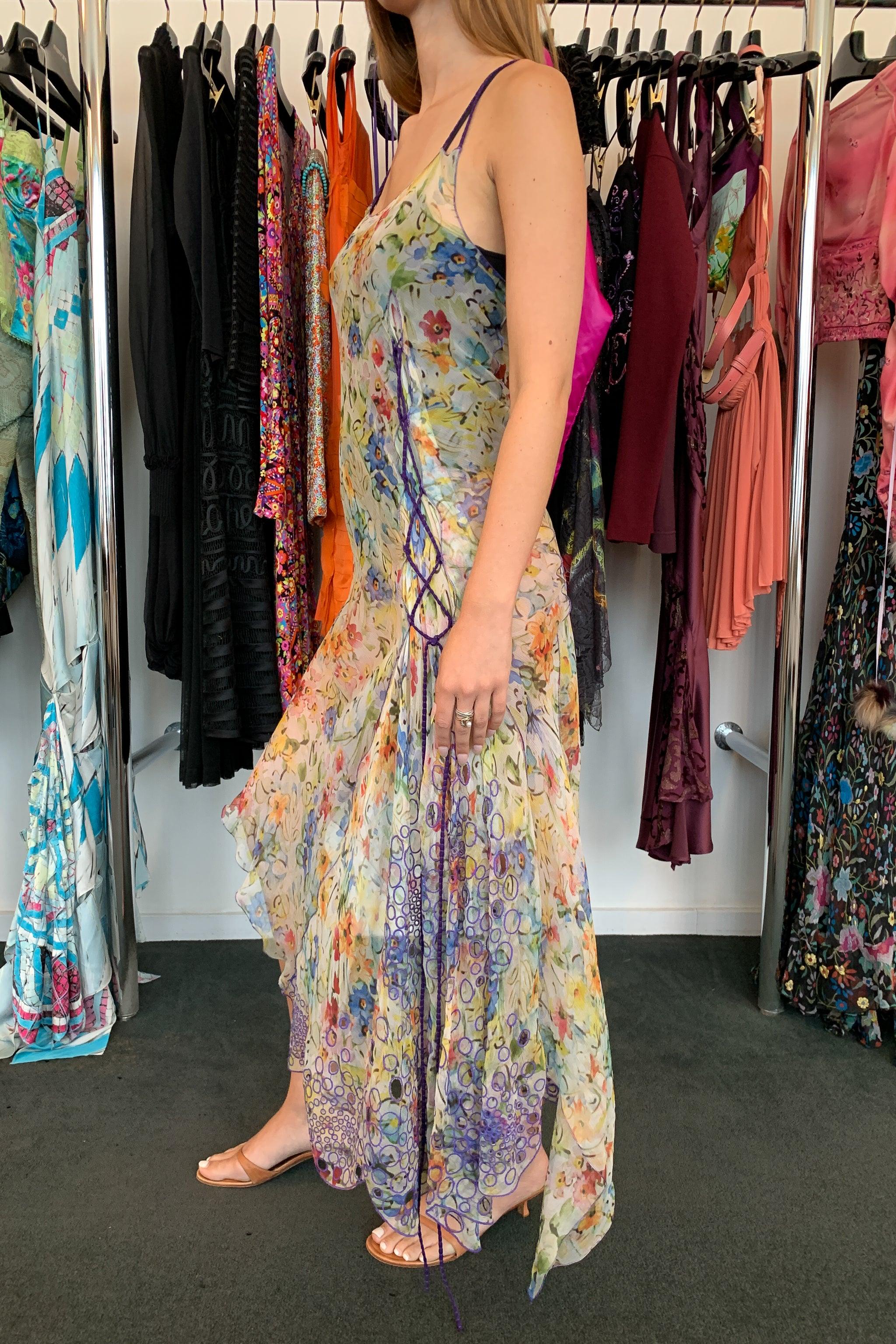 Women's Jean Paul Gaultier Chiffon Floral Slip Dress With Purple Cords 2006