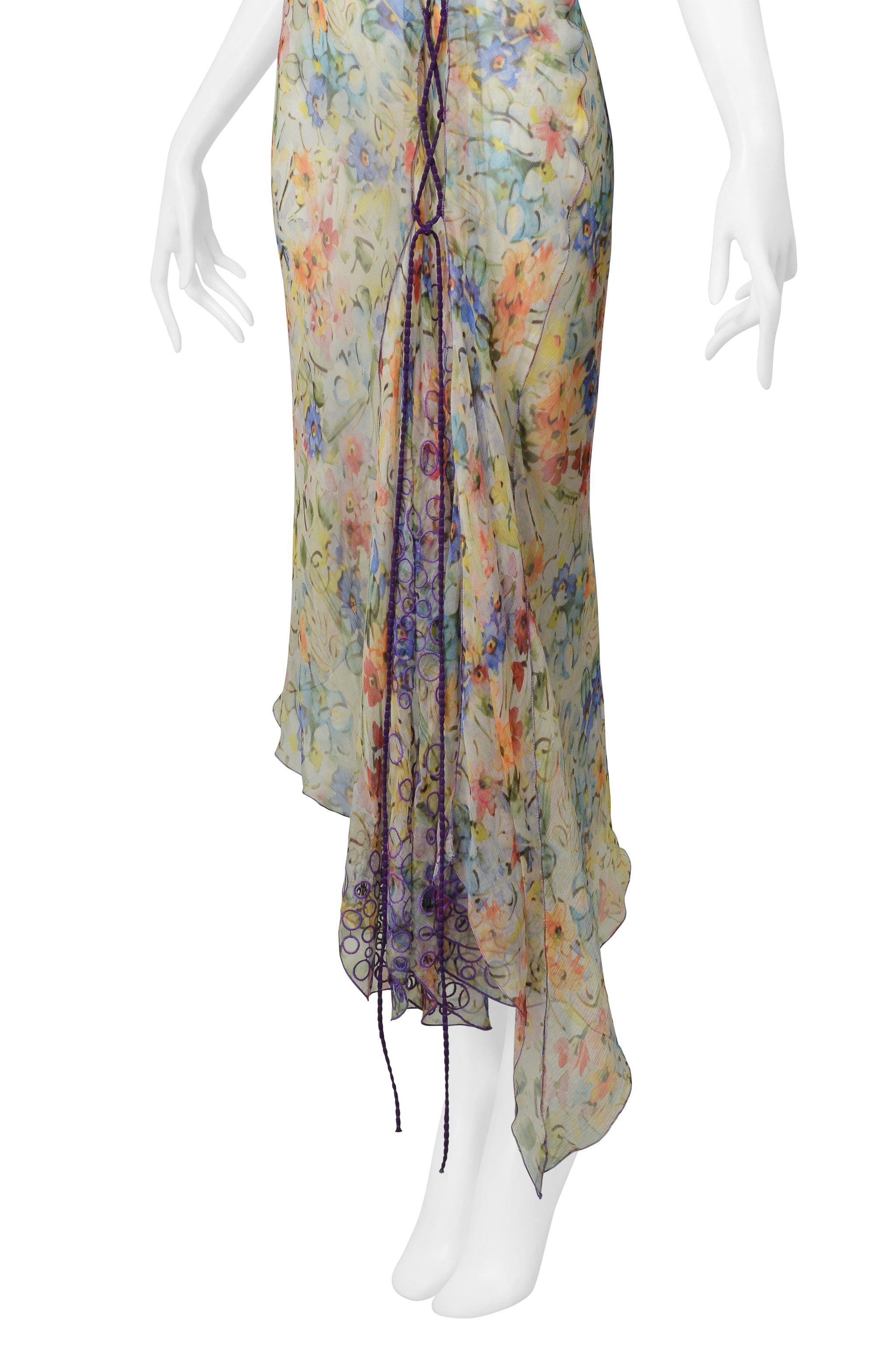 Jean Paul Gaultier Chiffon Floral Slip Dress With Purple Cords 2006 1