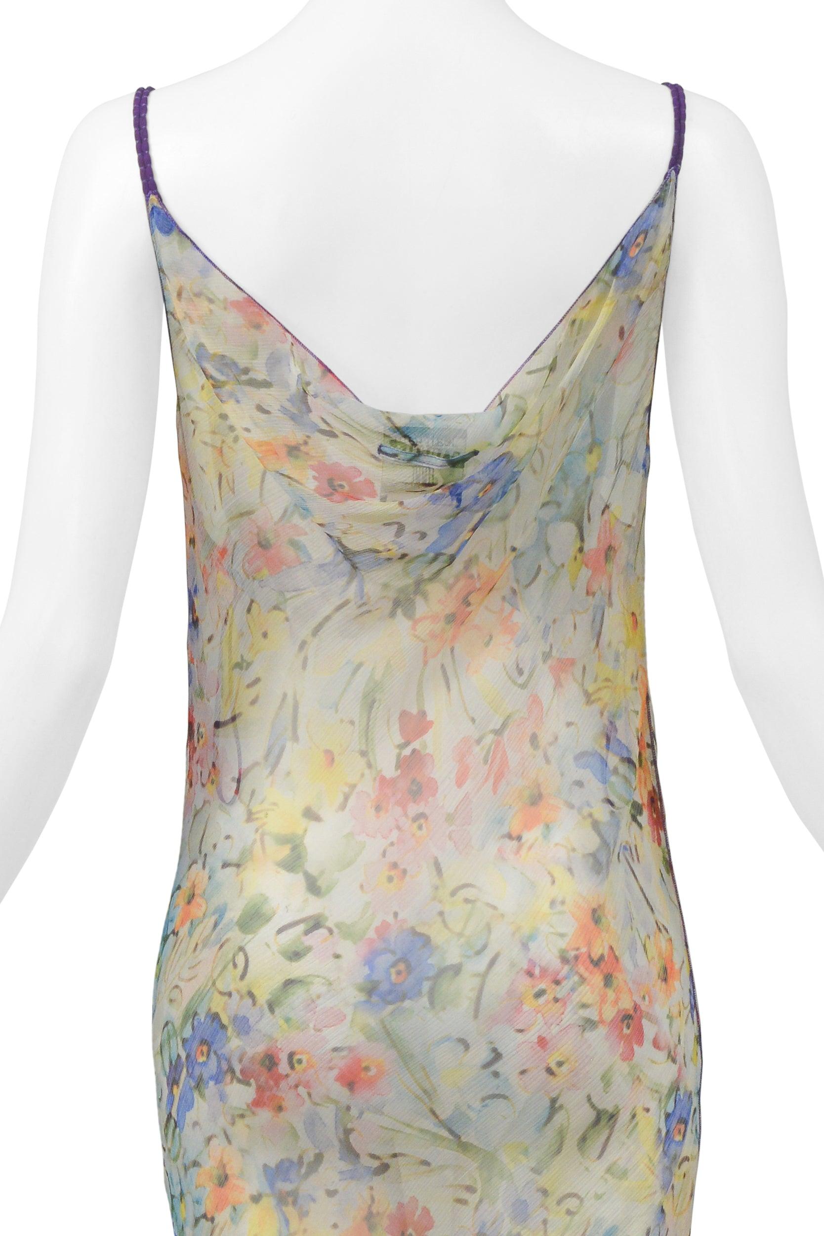 Jean Paul Gaultier Chiffon Floral Slip Dress With Purple Cords 2006 2