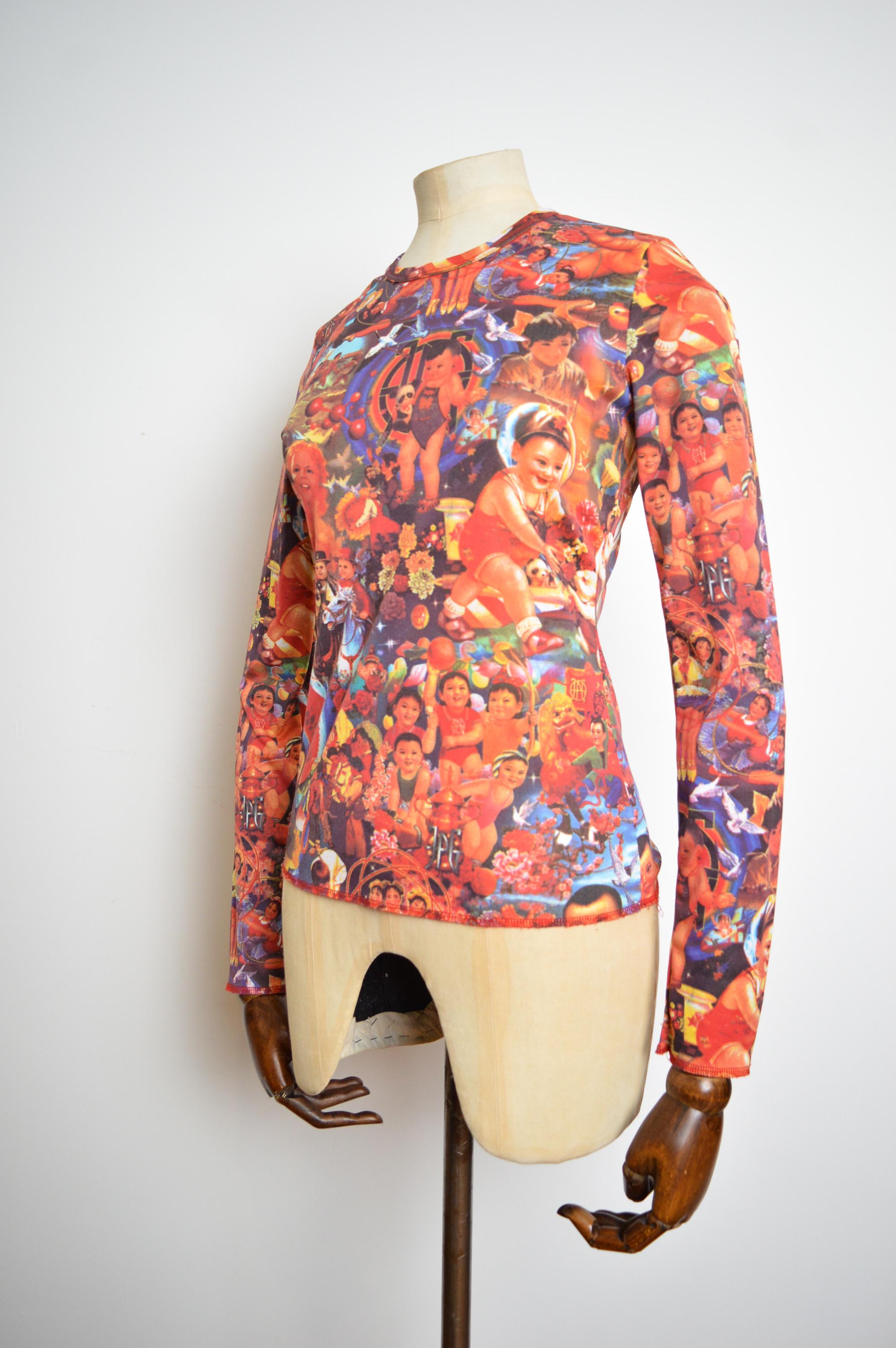 Jean Paul Gaultier 'Chinese Propaganda' Loud Pattern Long Sleeve Baby Tee - Top 6