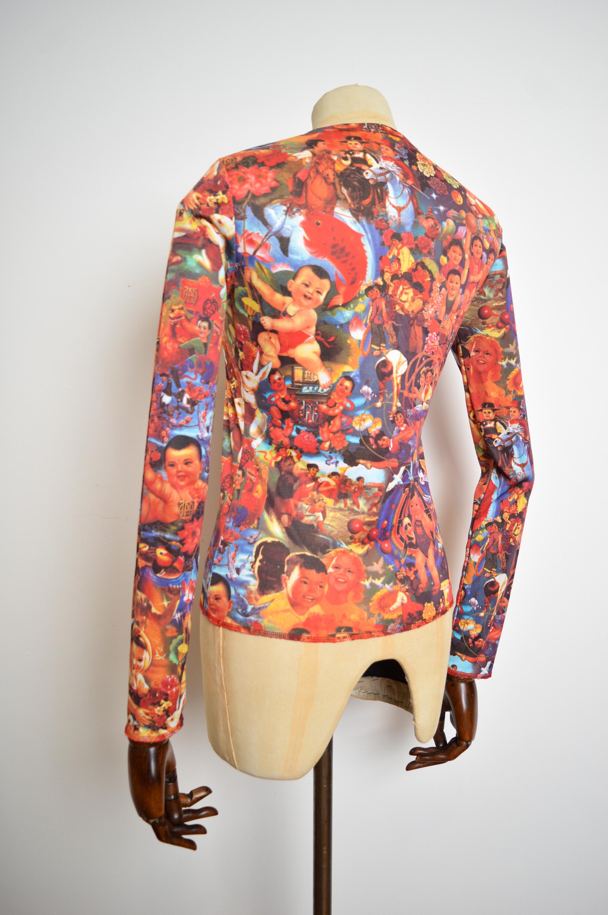 Jean Paul Gaultier 'Chinese Propaganda' Loud Pattern Long Sleeve Baby Tee - Top 8