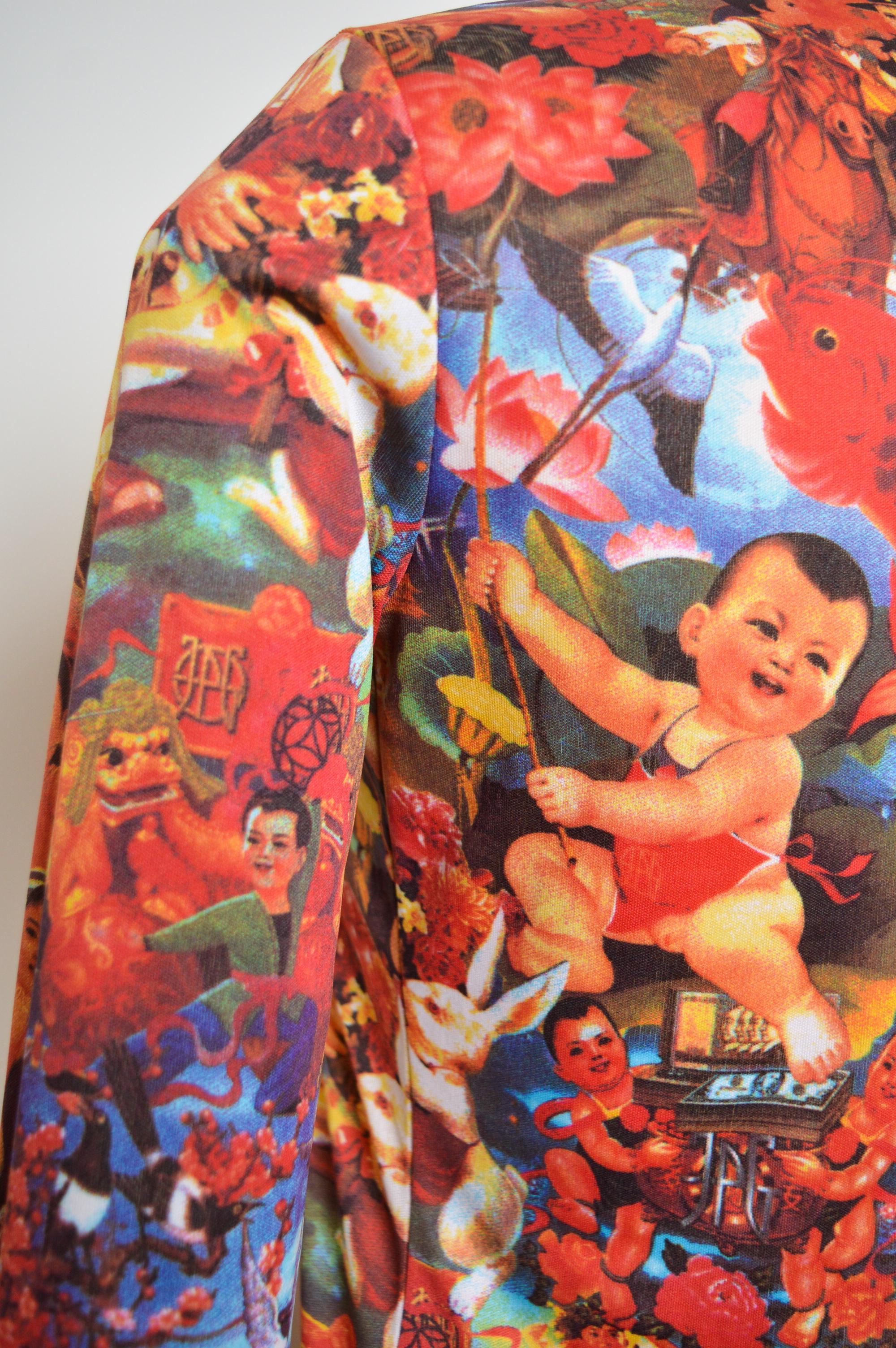 Jean Paul Gaultier 'Chinese Propaganda' Loud Pattern Long Sleeve Baby Tee - Top For Sale 9