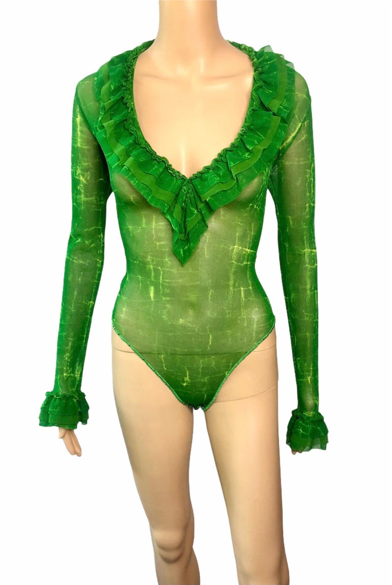 Jean Paul Gaultier Classique 1990's Vintage Semi-Sheer Mesh Green Bodysuit  Top at 1stDibs | sheer green bodysuit, green corset bodysuit, green leotard  costume
