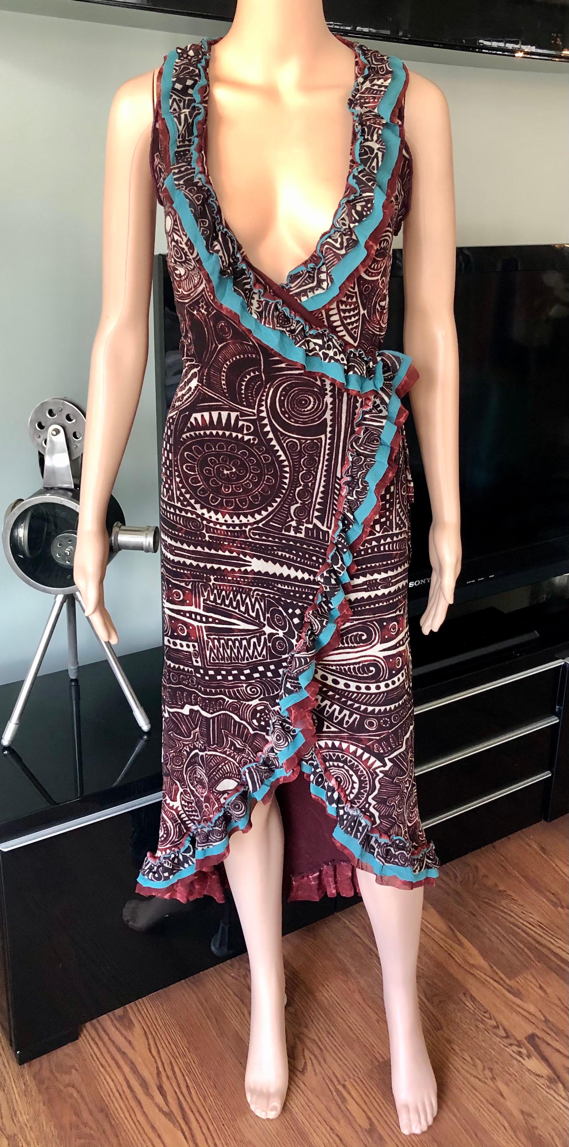 Jean Paul Gaultier Classique 1990's Vintage Tribal Aztec Tattoo Print Wrap Dress In Good Condition For Sale In Naples, FL