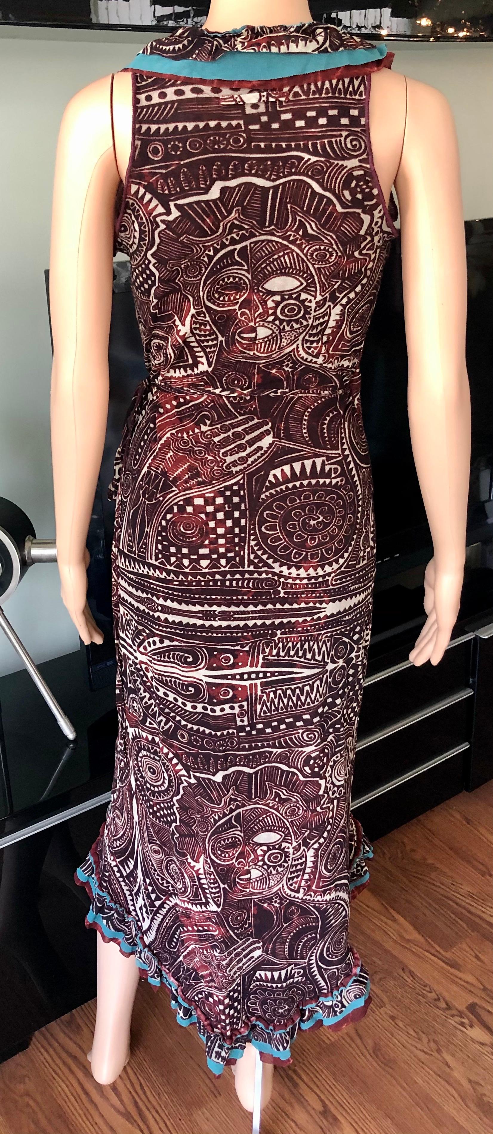 Jean Paul Gaultier Classique 1990's Vintage Tribal Aztec Tattoo Print Wrap Dress For Sale 1