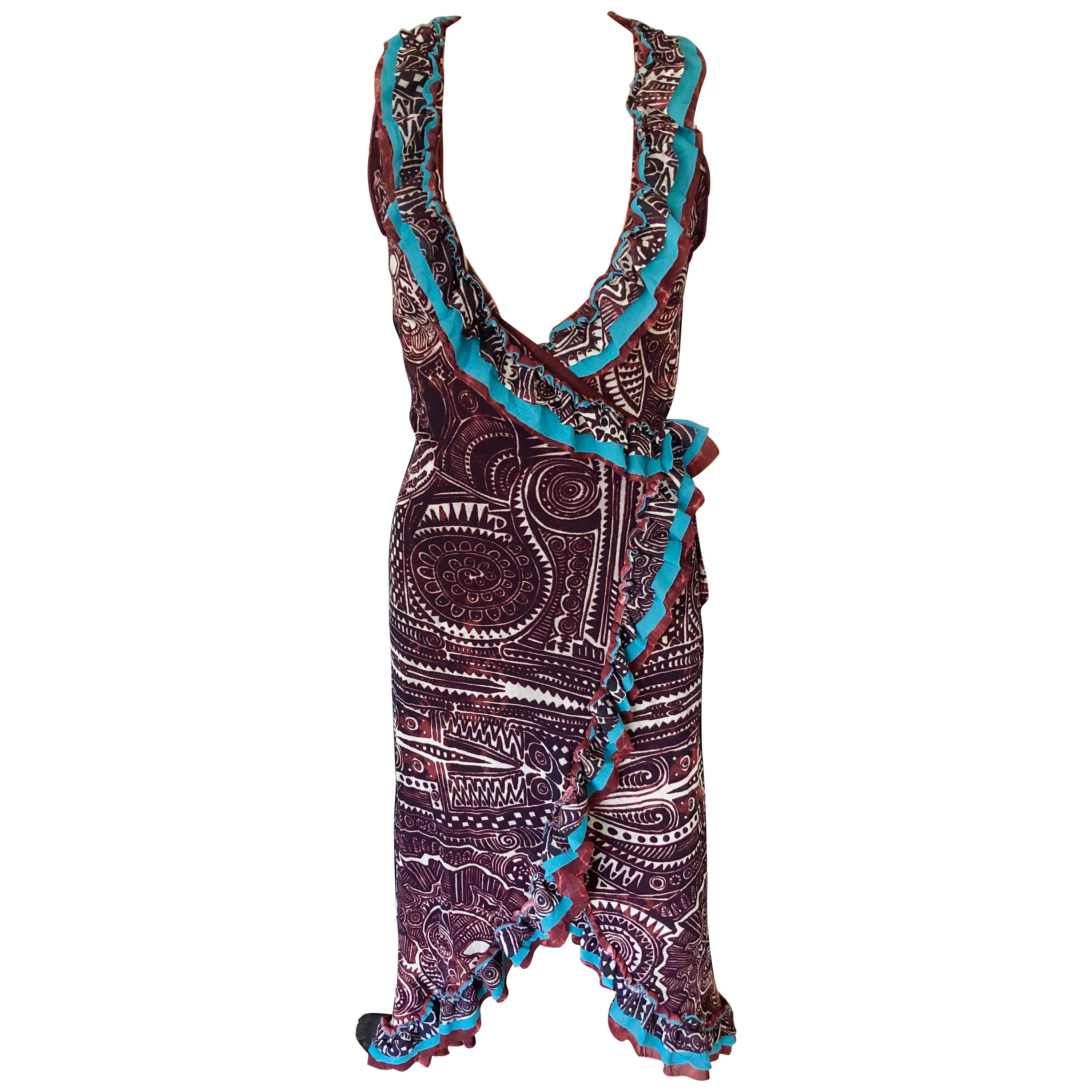 Jean Paul Gaultier Classique 1990's Vintage Tribal Aztec Tattoo Print Wrap Dress For Sale