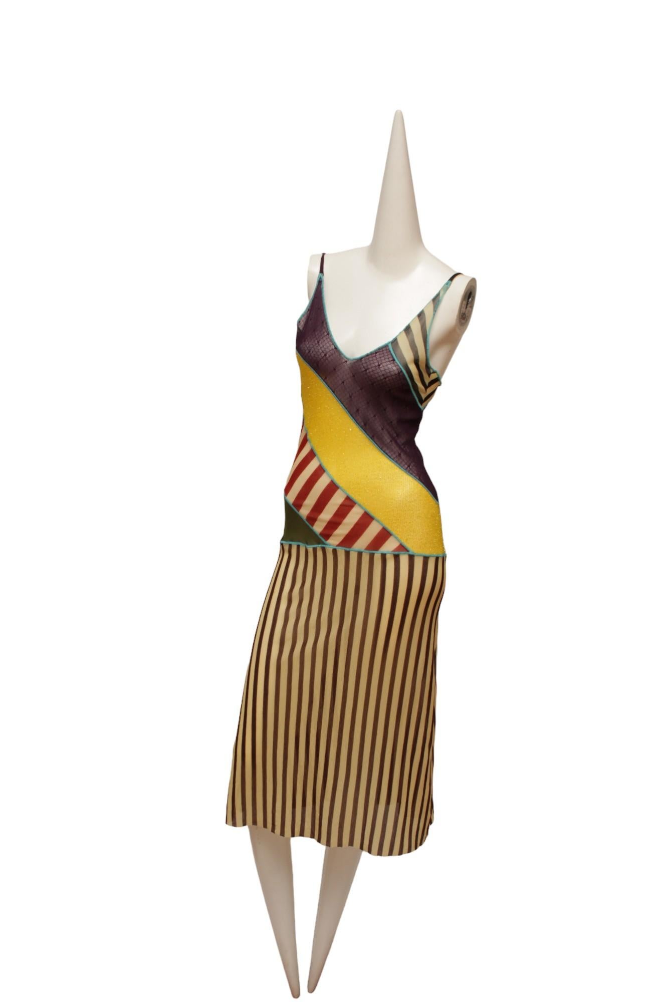 Jean Paul Gaultier Classique Maille Pattern Blocked Tank Dress. This colorful iconic JPG mesh dress is pattern blocked with stripes, textured purple, metallic gold, red polk dots. As styled on model, not included.

Made in Italy

Size: Small.