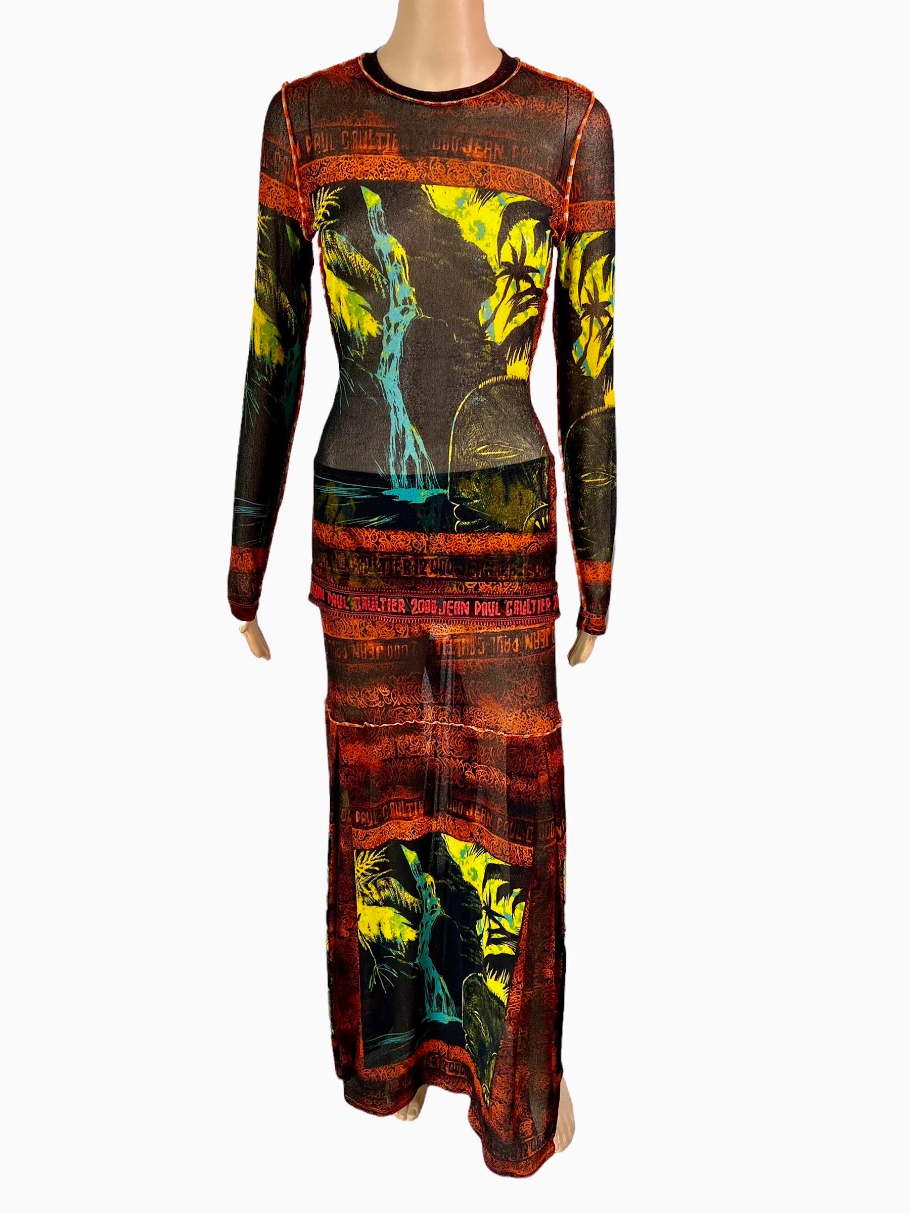 Jean Paul Gaultier Classique S/S 2000 Abstract Psychedelic Print Sheer Mesh Top & Maxi Skirt Ensemble 2 Piece Set 

Please note the size tag on the skirt is L and the top is M.

