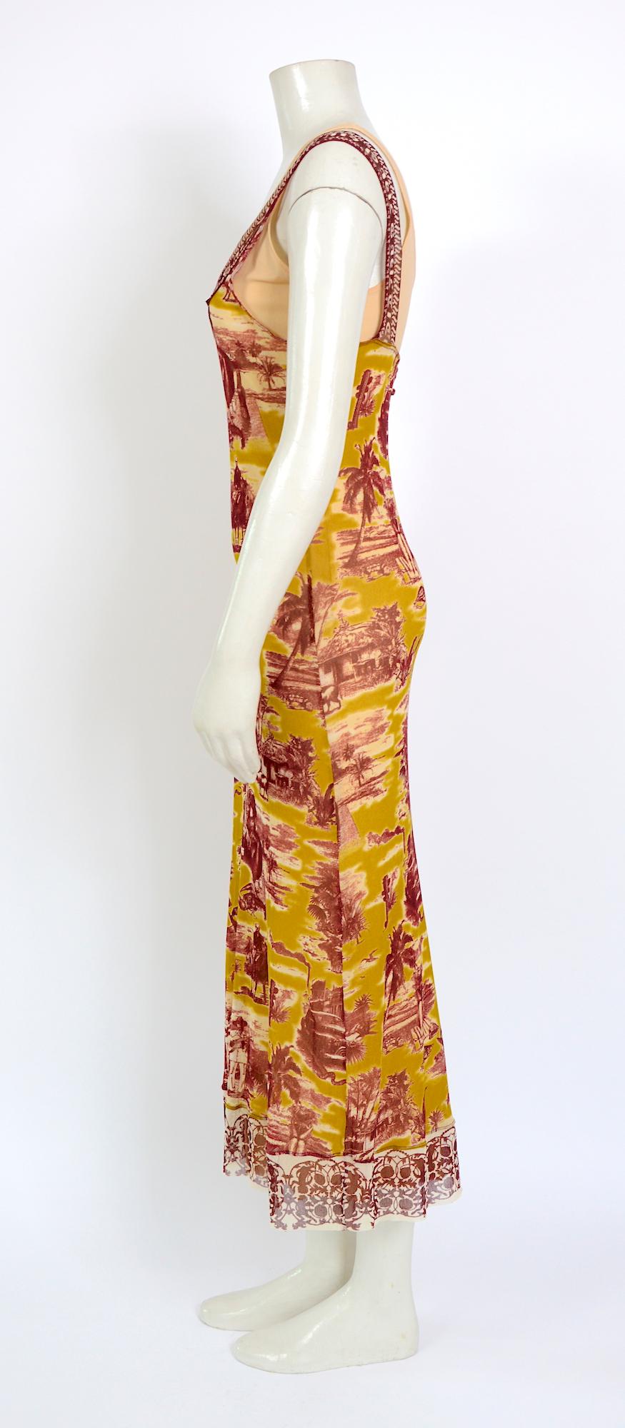 Orange Jean Paul Gaultier classique vintage 1990s cuba print + nude mesh slip dresses 
