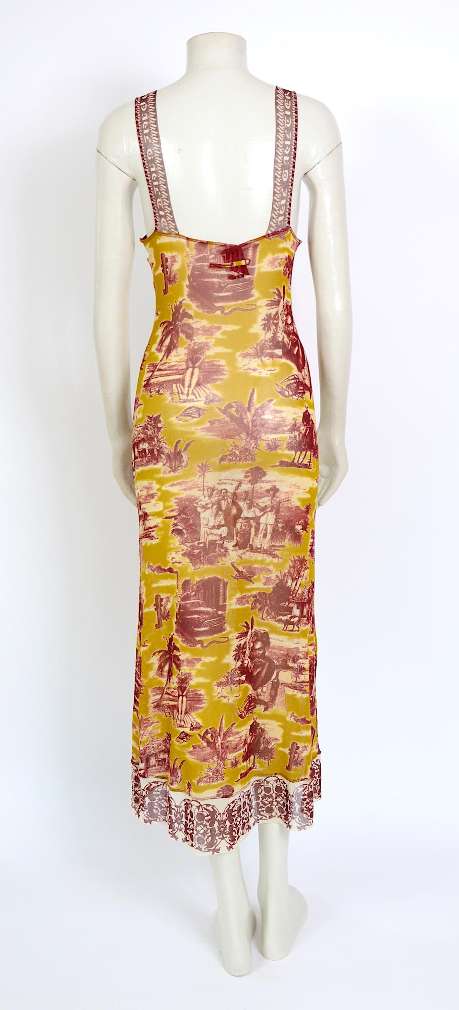 Jean Paul Gaultier classique vintage 1990s cuba print + nude mesh slip dresses  1