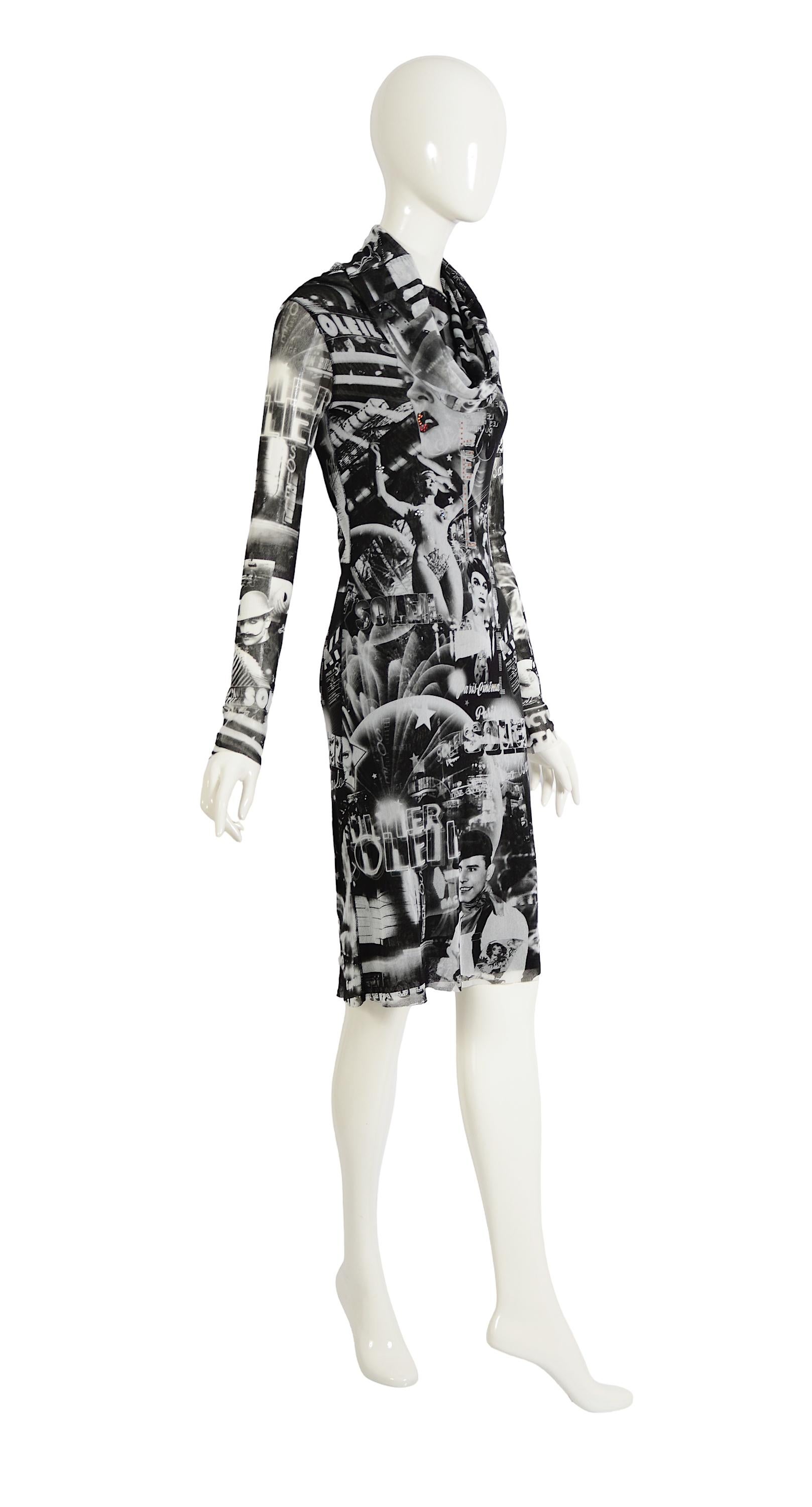 Jean Paul Gaultier Collectible Vintage años 90 París Cine Soleil Vestido de malla estampado en venta 6