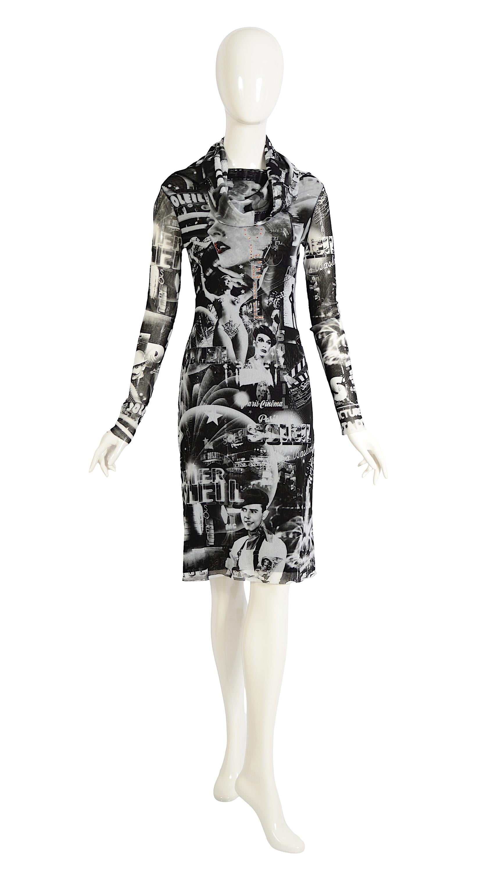 Jean Paul Gaultier Collectible Vintage años 90 París Cine Soleil Vestido de malla estampado en venta 7