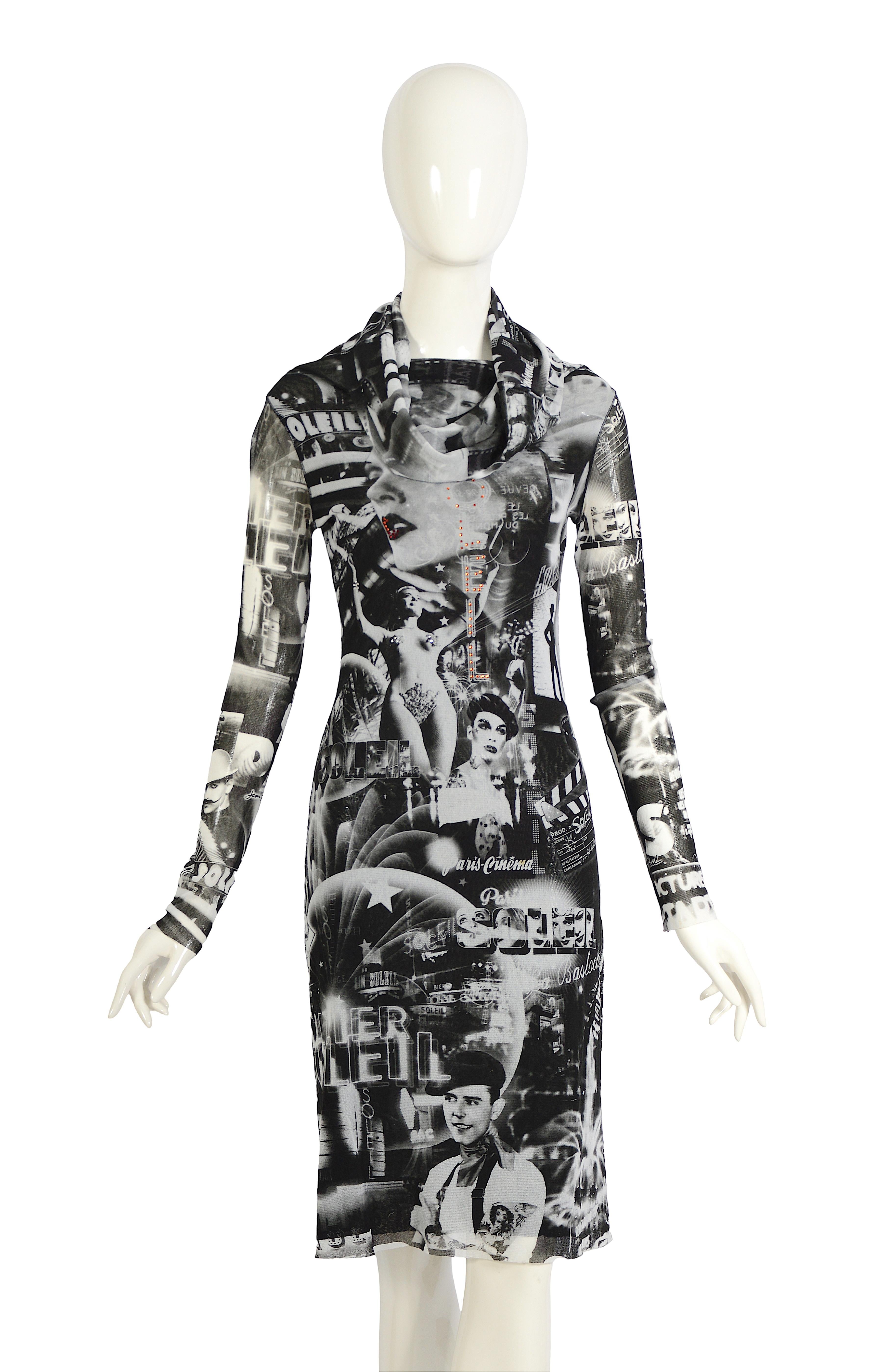 Jean Paul Gaultier Collectible Vintage años 90 París Cine Soleil Vestido de malla estampado en venta 8
