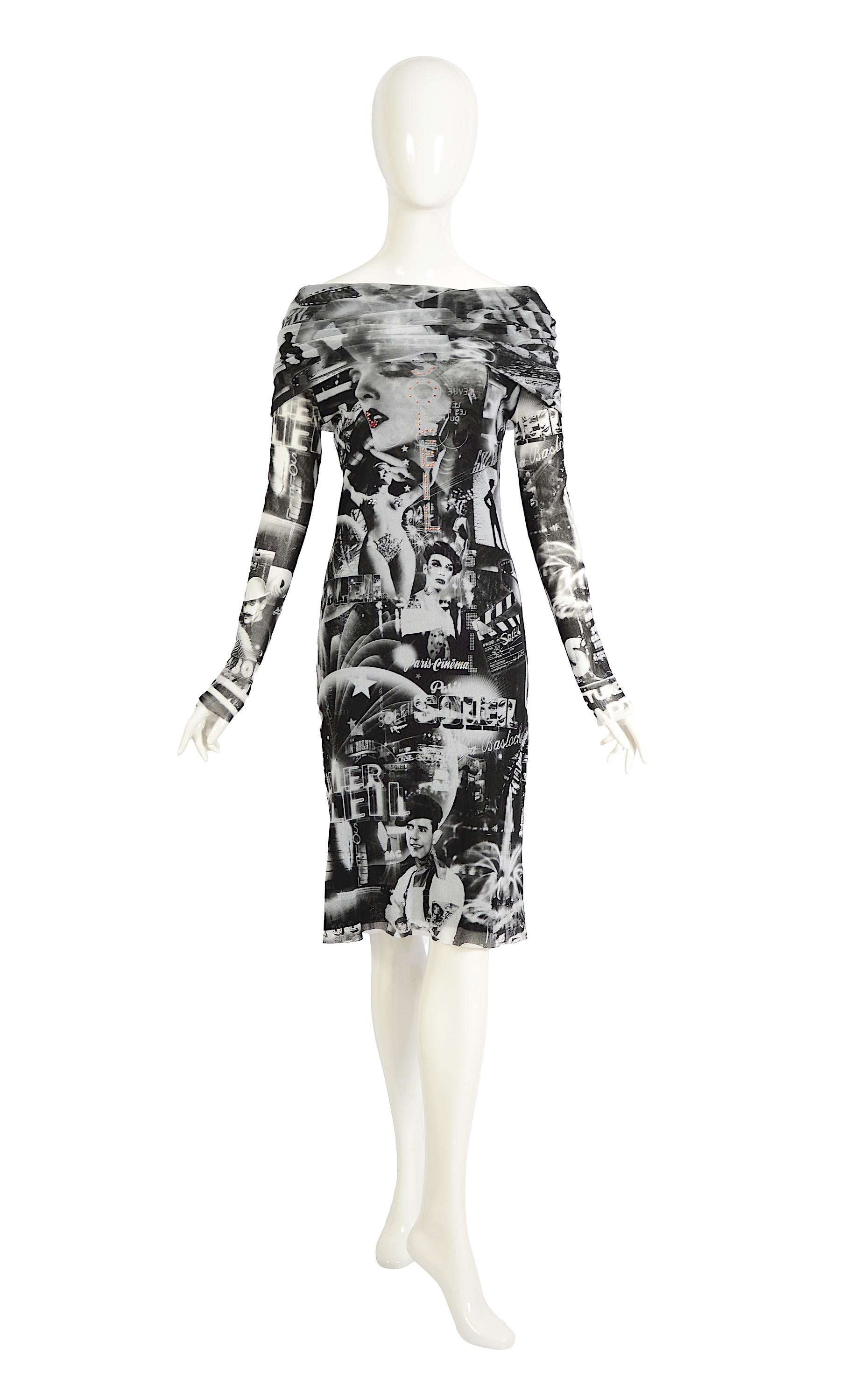 Jean Paul Gaultier Collectible Vintage años 90 París Cine Soleil Vestido de malla estampado en Excelente estado para la venta en Antwerpen, Vlaams Gewest