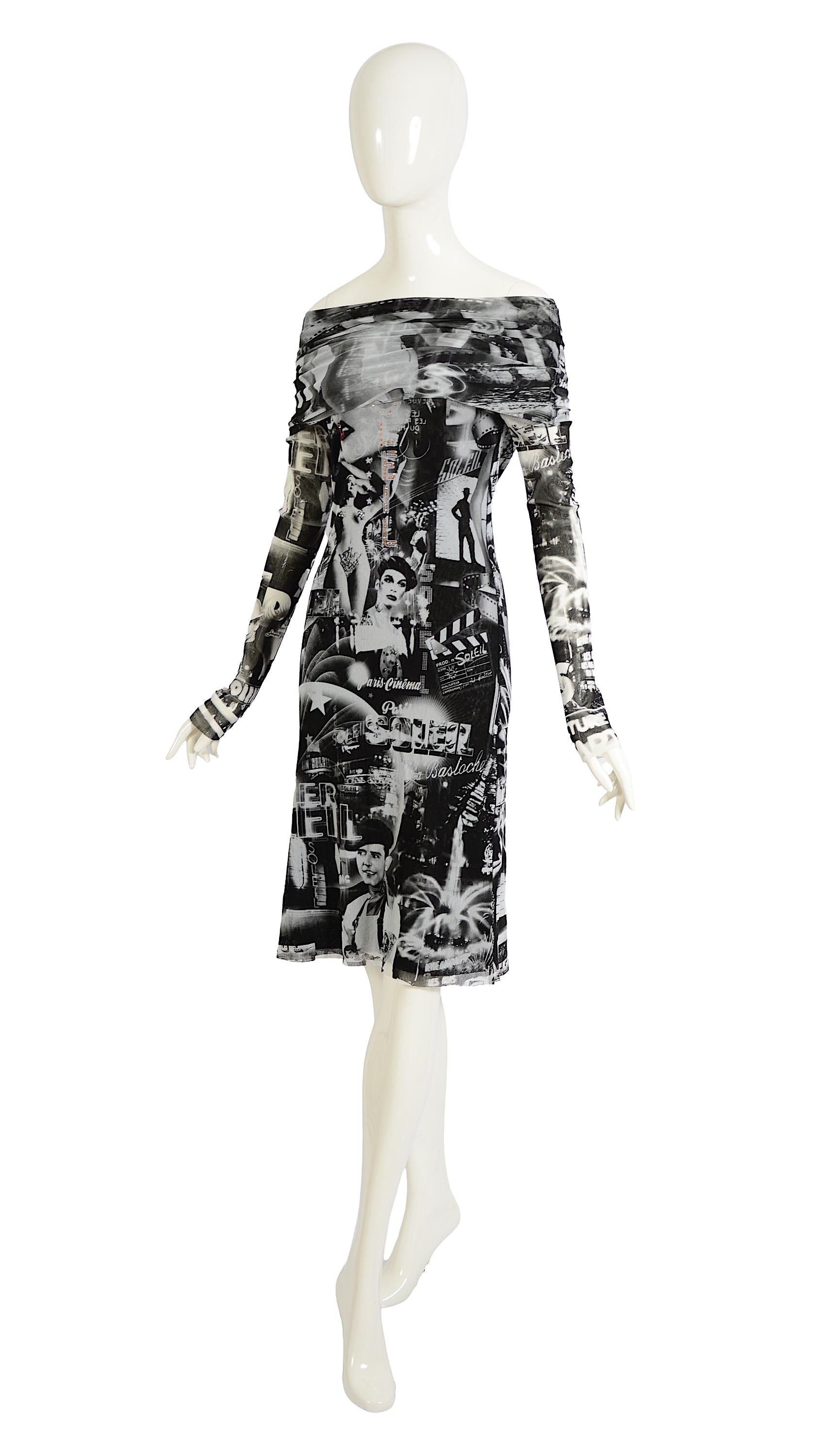 De las mujeres Jean Paul Gaultier Collectible Vintage años 90 París Cine Soleil Vestido de malla estampado en venta