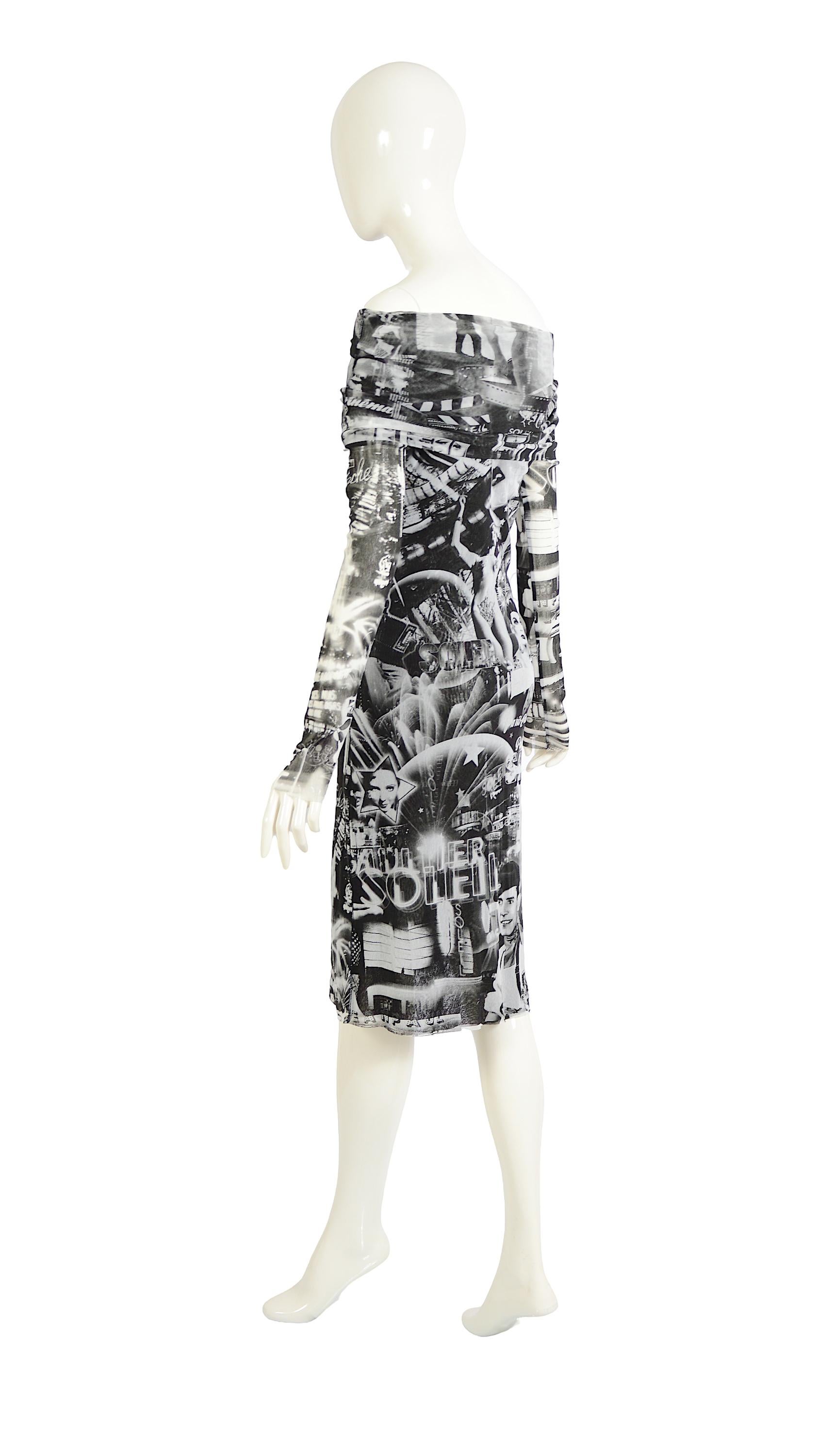 Jean Paul Gaultier Collectible Vintage años 90 París Cine Soleil Vestido de malla estampado en venta 2