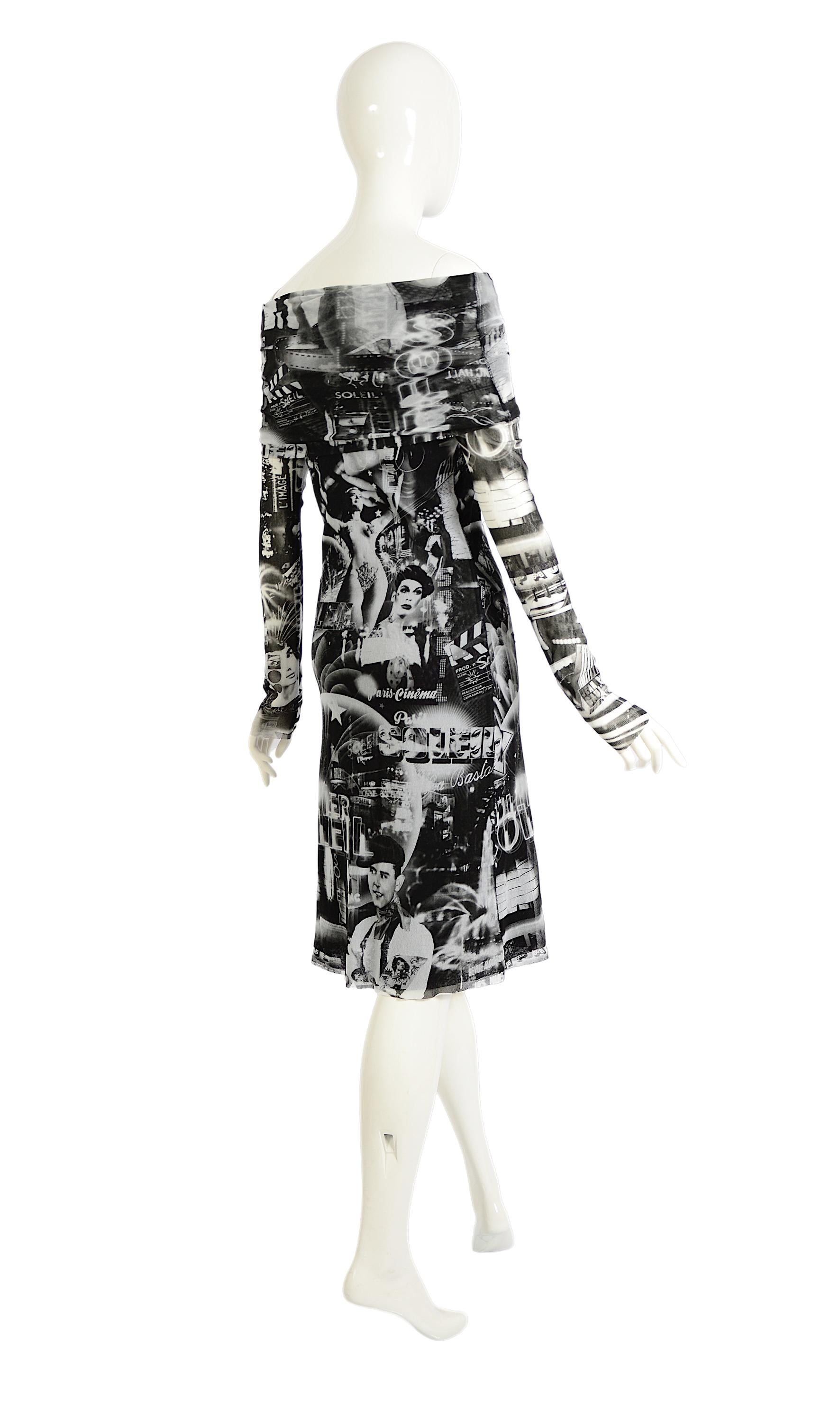 Jean Paul Gaultier Collectible Vintage años 90 París Cine Soleil Vestido de malla estampado en venta 4