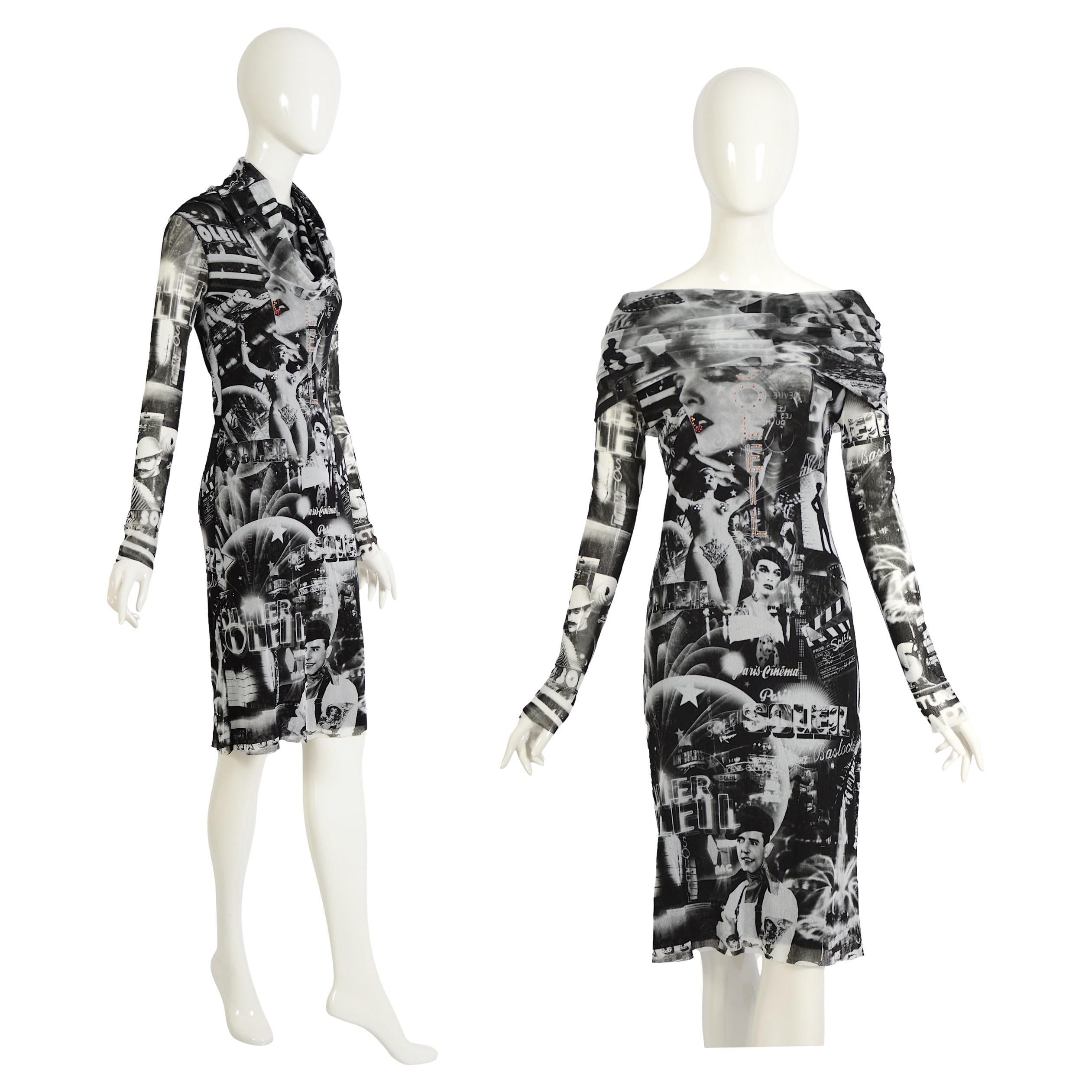 Jean Paul Gaultier Collectible Vintage años 90 París Cine Soleil Vestido de malla estampado en venta