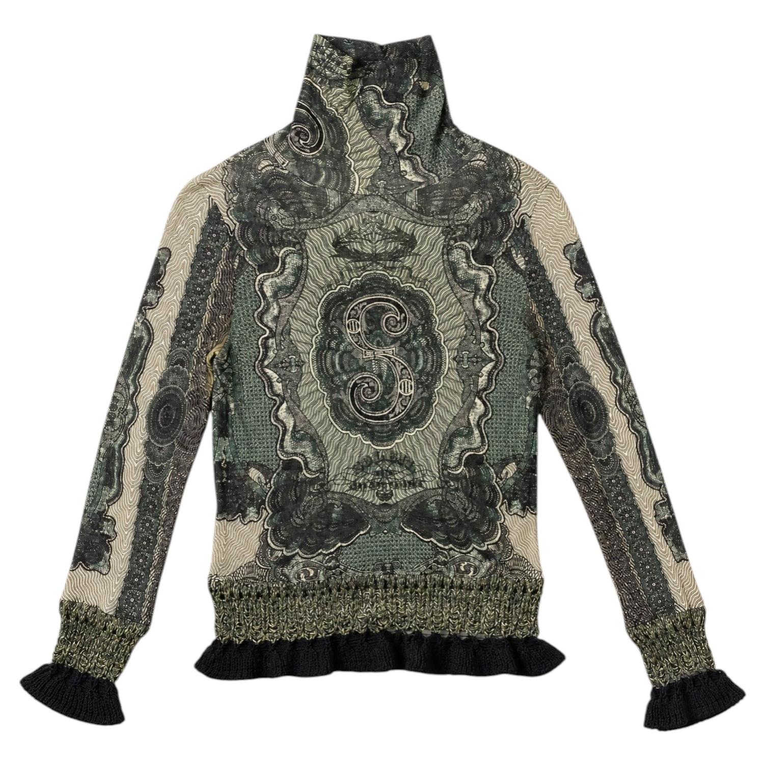 Jean Paul Gaultier Currency Print Mesh Turtleneck Top, Fall-Winter