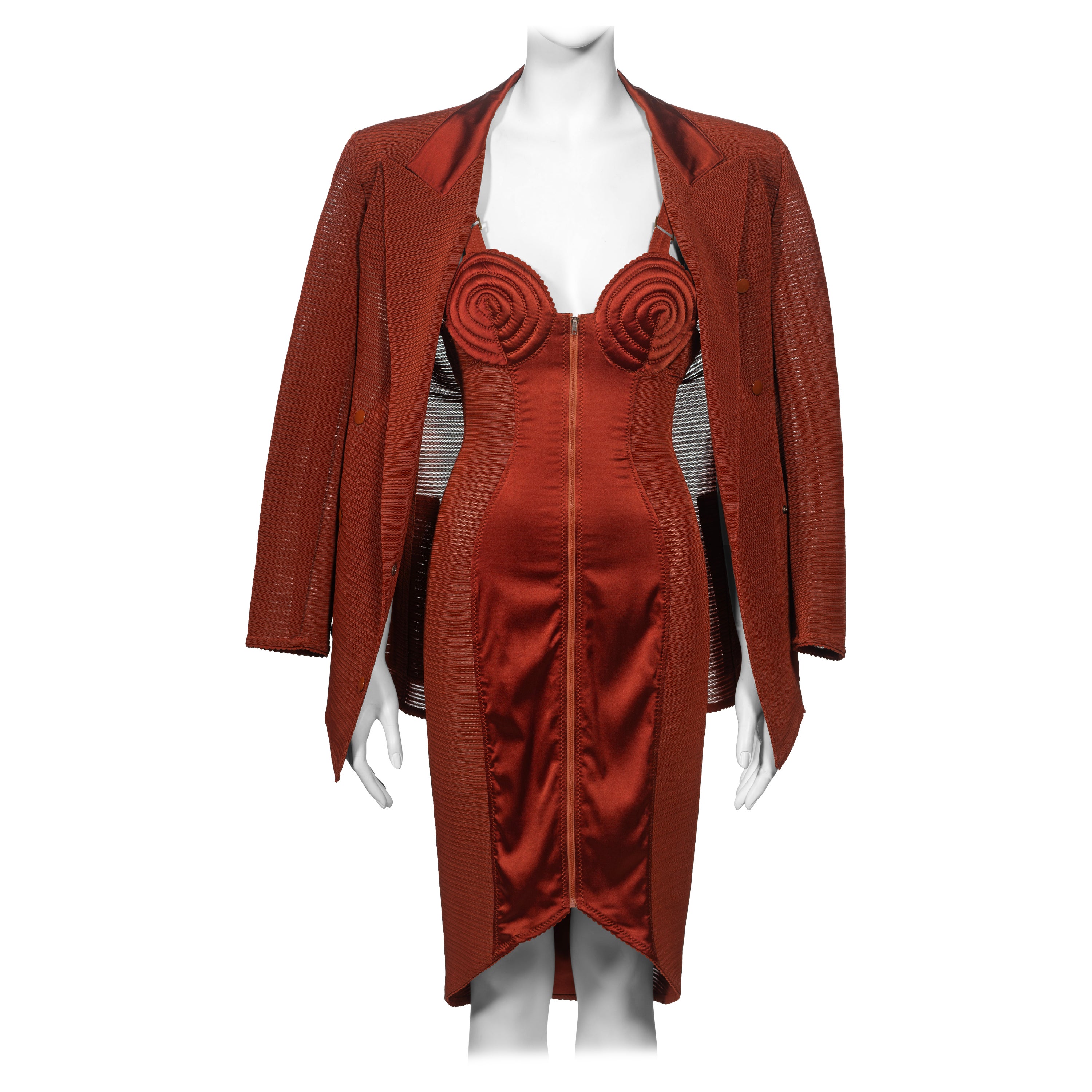 Conjunto de vestido de noche y chaqueta con sujetador cónico de cobre Jean Paul Gaultier, ss 1987 en venta