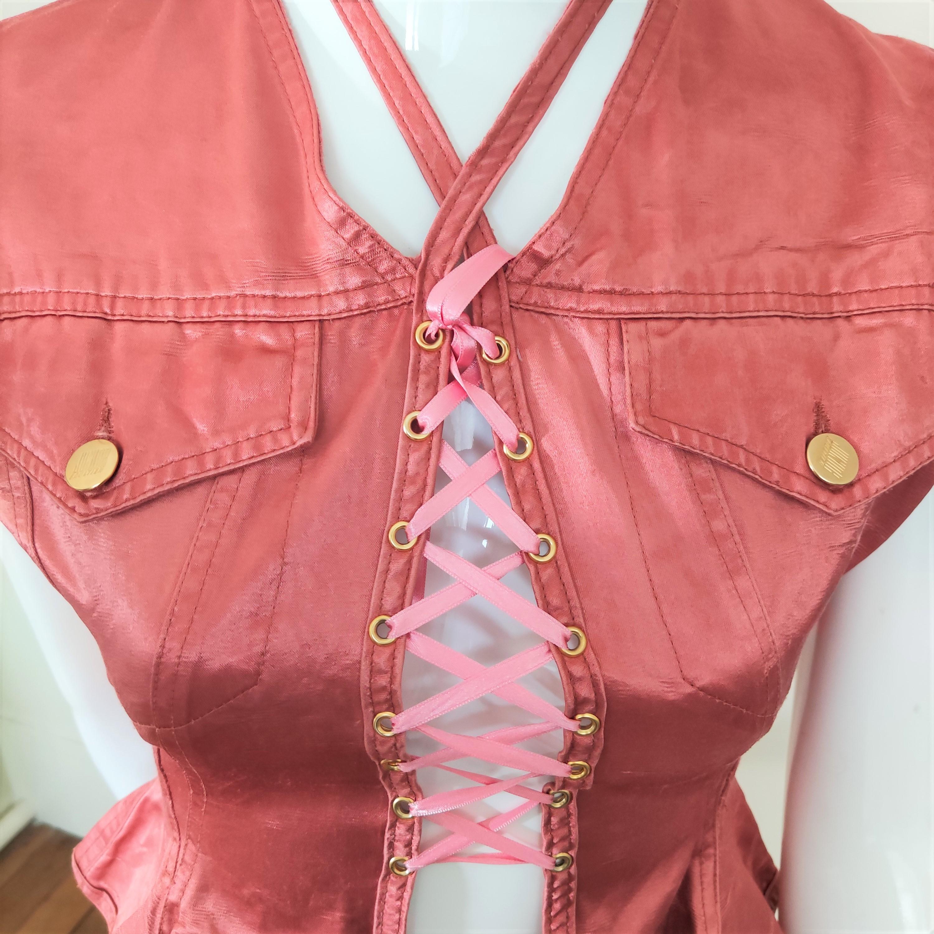 Jean Paul Gaultier Korsett-Bustier Rosa Rose Vintage Bondage-Kleid aus Spitze (Pink) im Angebot