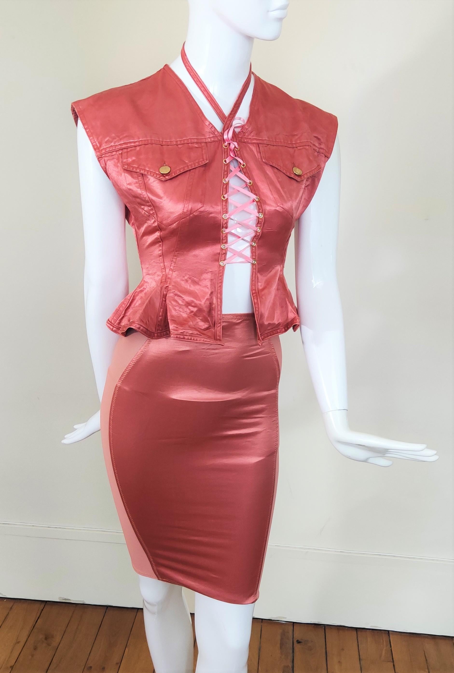 Jean Paul Gaultier Korsett-Bustier Rosa Rose Vintage Bondage-Kleid aus Spitze im Zustand „Hervorragend“ im Angebot in PARIS, FR