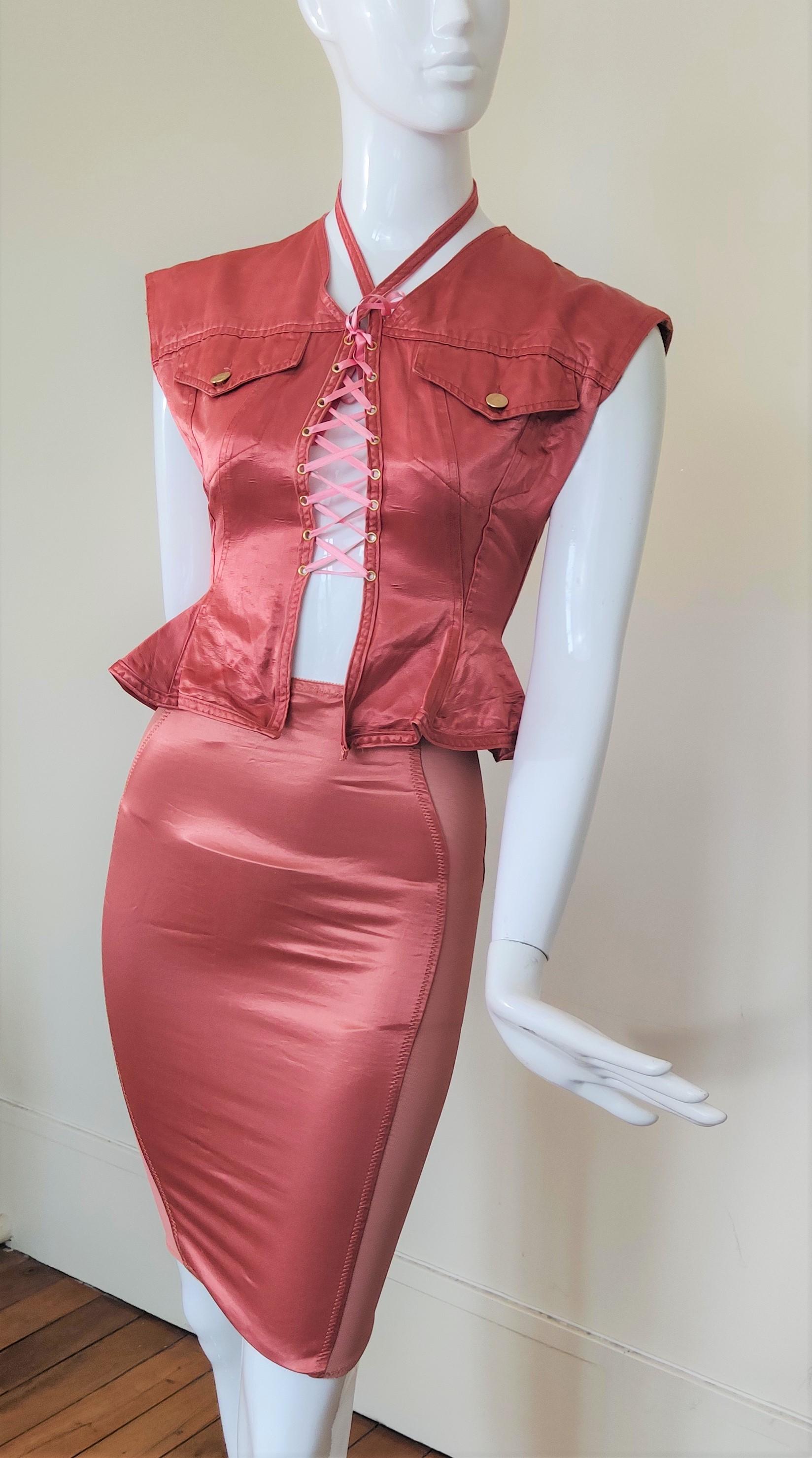 Jean Paul Gaultier - Robe bustier vintage en dentelle rose et rose avec corset de bondage en vente 1