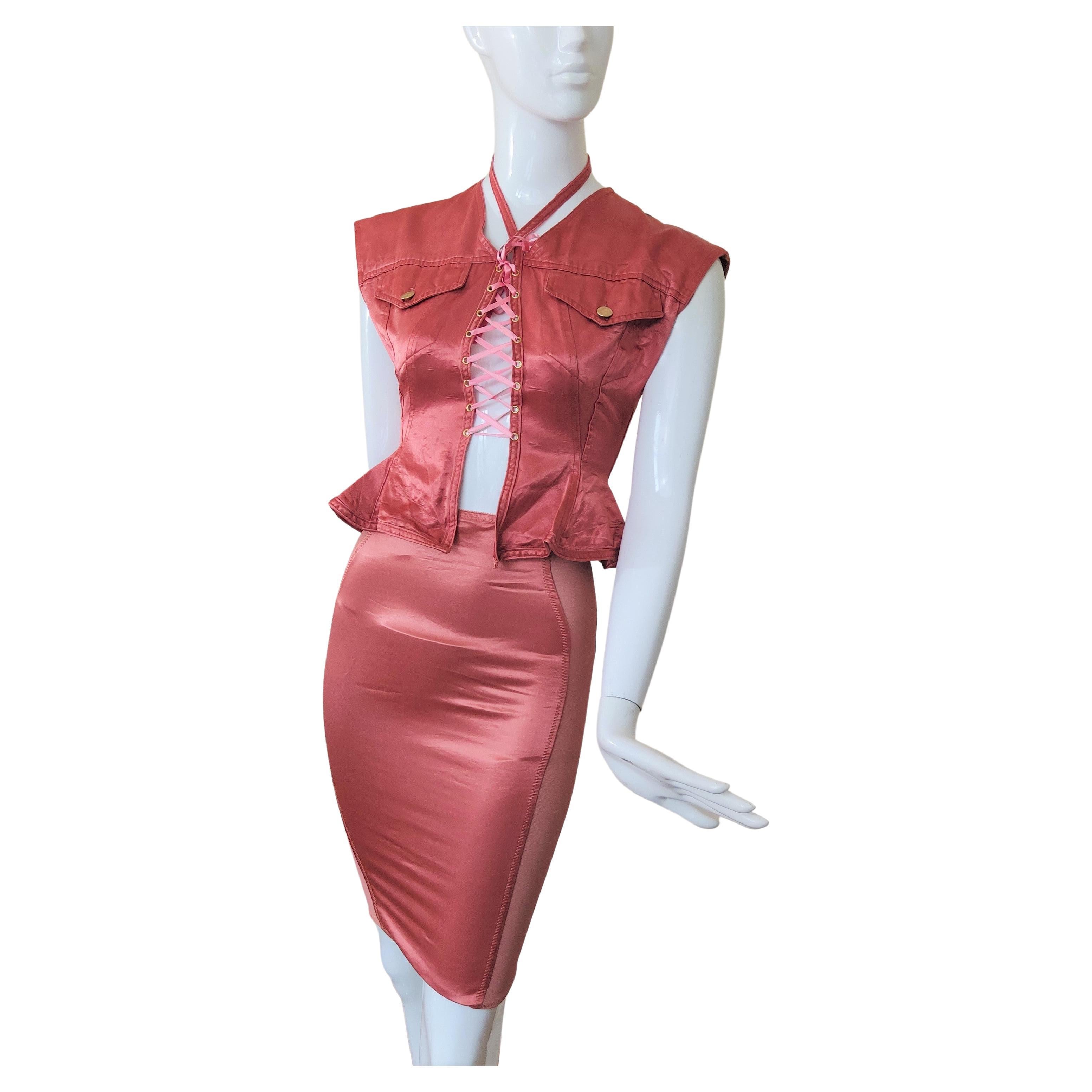 Jean Paul Gaultier Korsett-Bustier Rosa Rose Vintage Bondage-Kleid aus Spitze im Angebot
