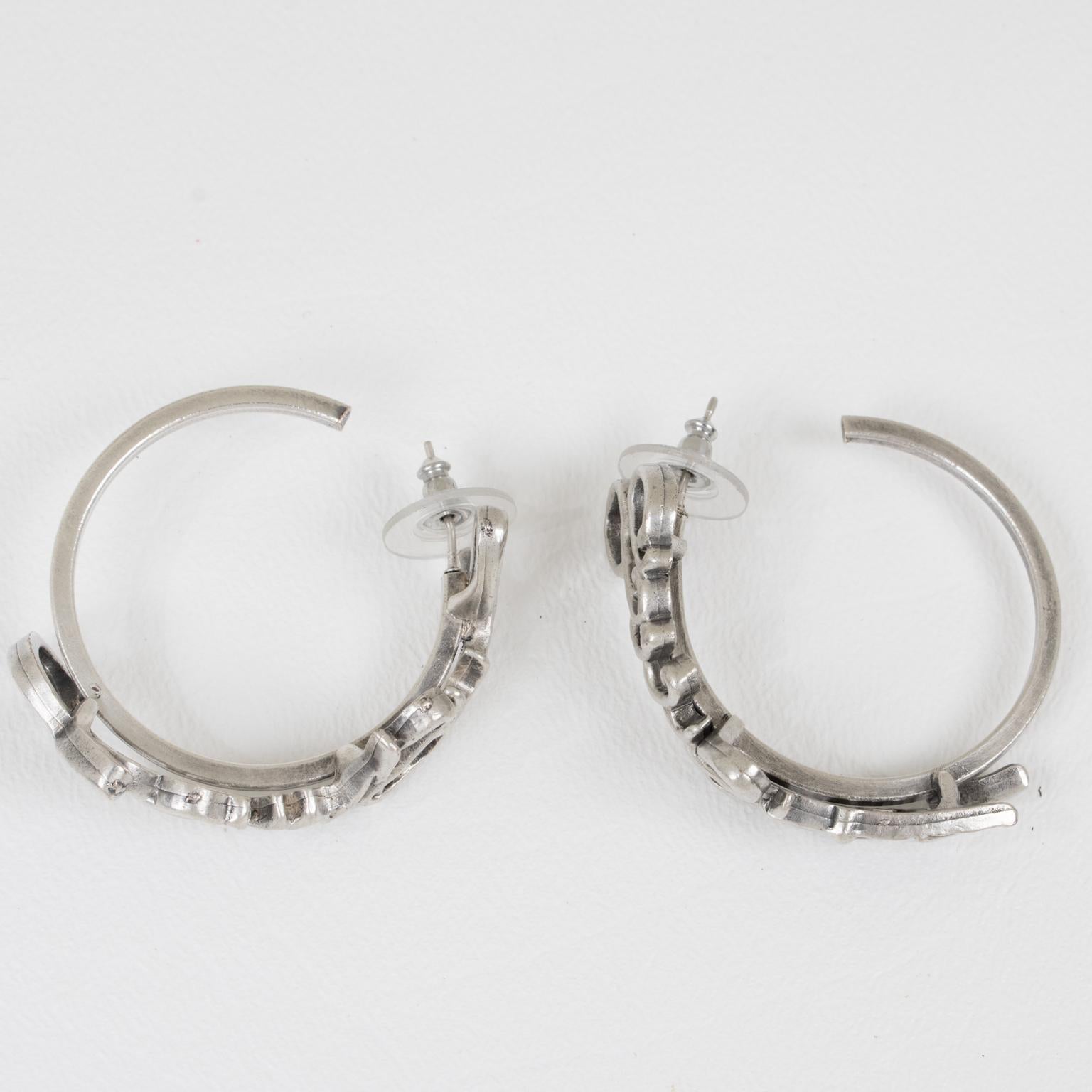Modernist Jean Paul Gaultier Couture Cursive Silver Plate Hoop Pierced Earrings For Sale