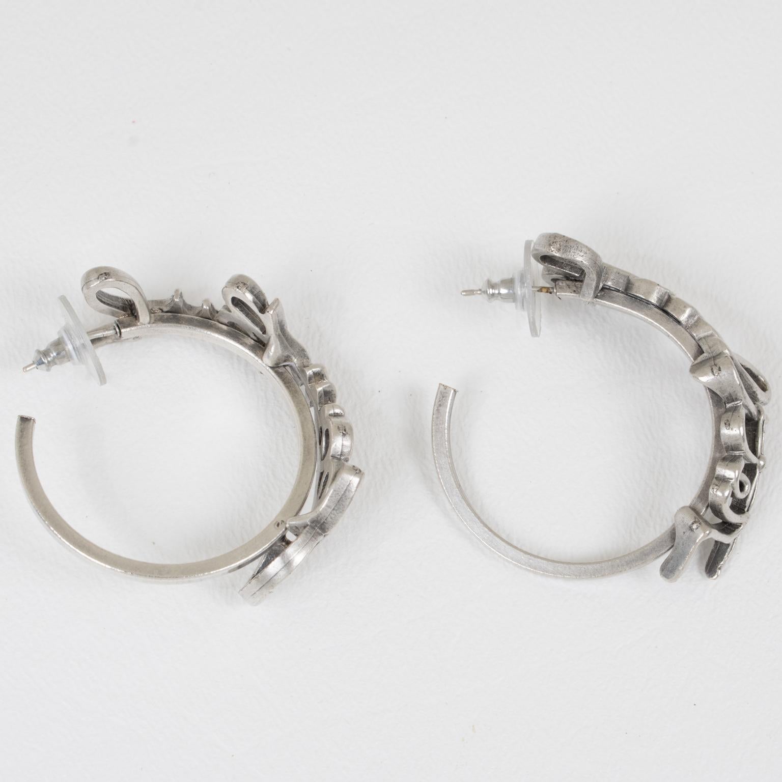 Jean Paul Gaultier Couture Cursive Silver Plate Hoop Pierced Earrings In Excellent Condition For Sale In Atlanta, GA