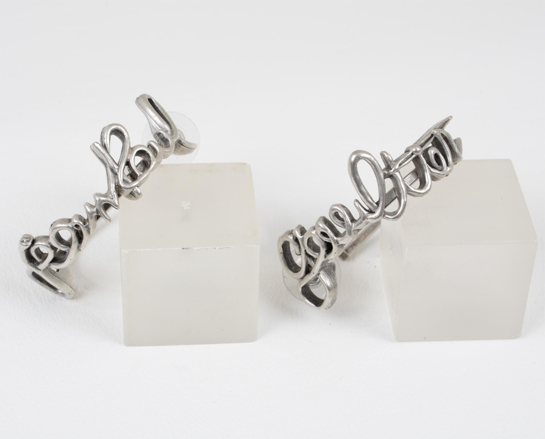 Jean Paul Gaultier Couture Cursive Silver Plate Hoop Pierced Earrings For Sale 1