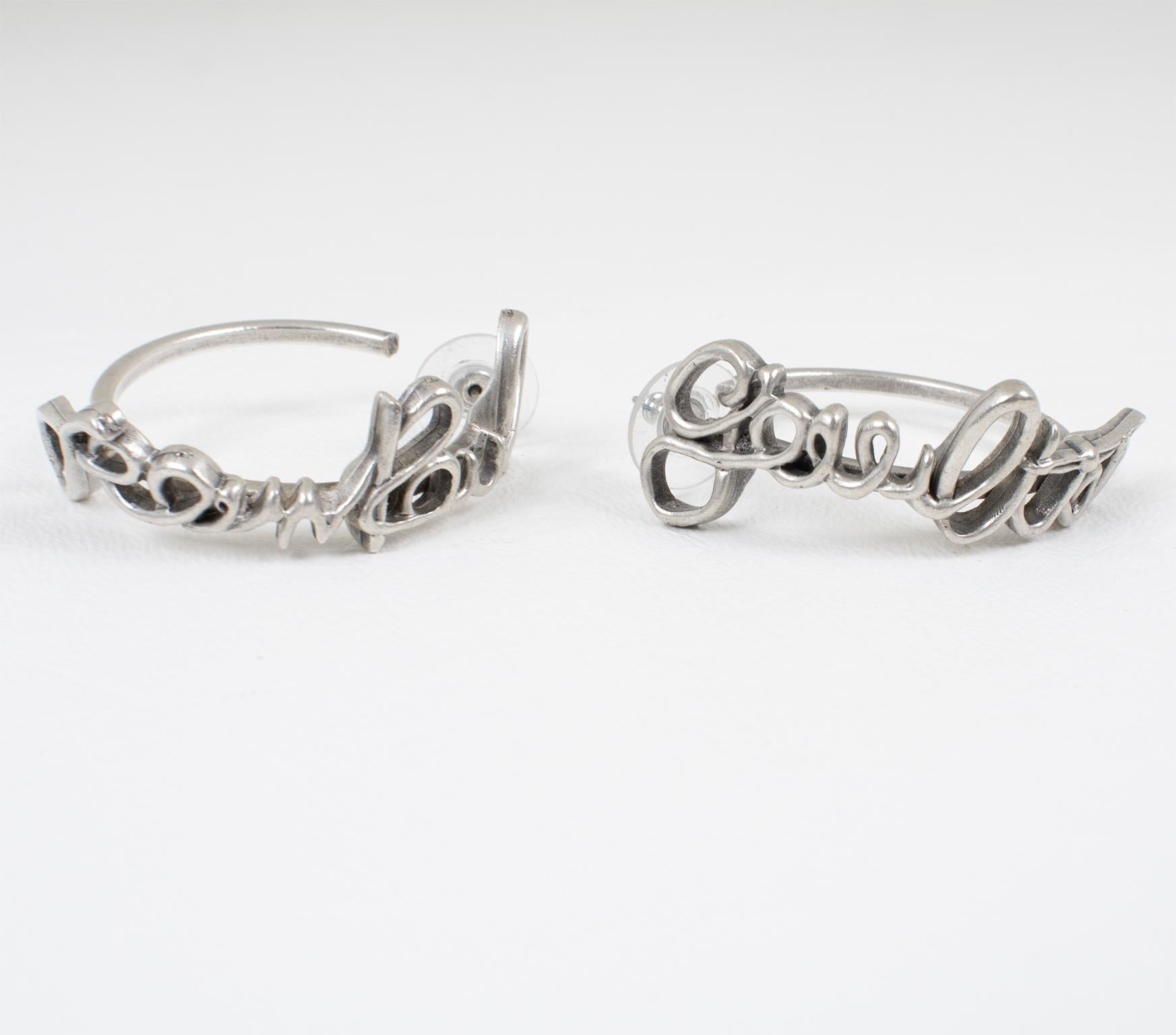 Jean Paul Gaultier Couture Cursive Silver Plate Hoop Pierced Earrings For Sale 2