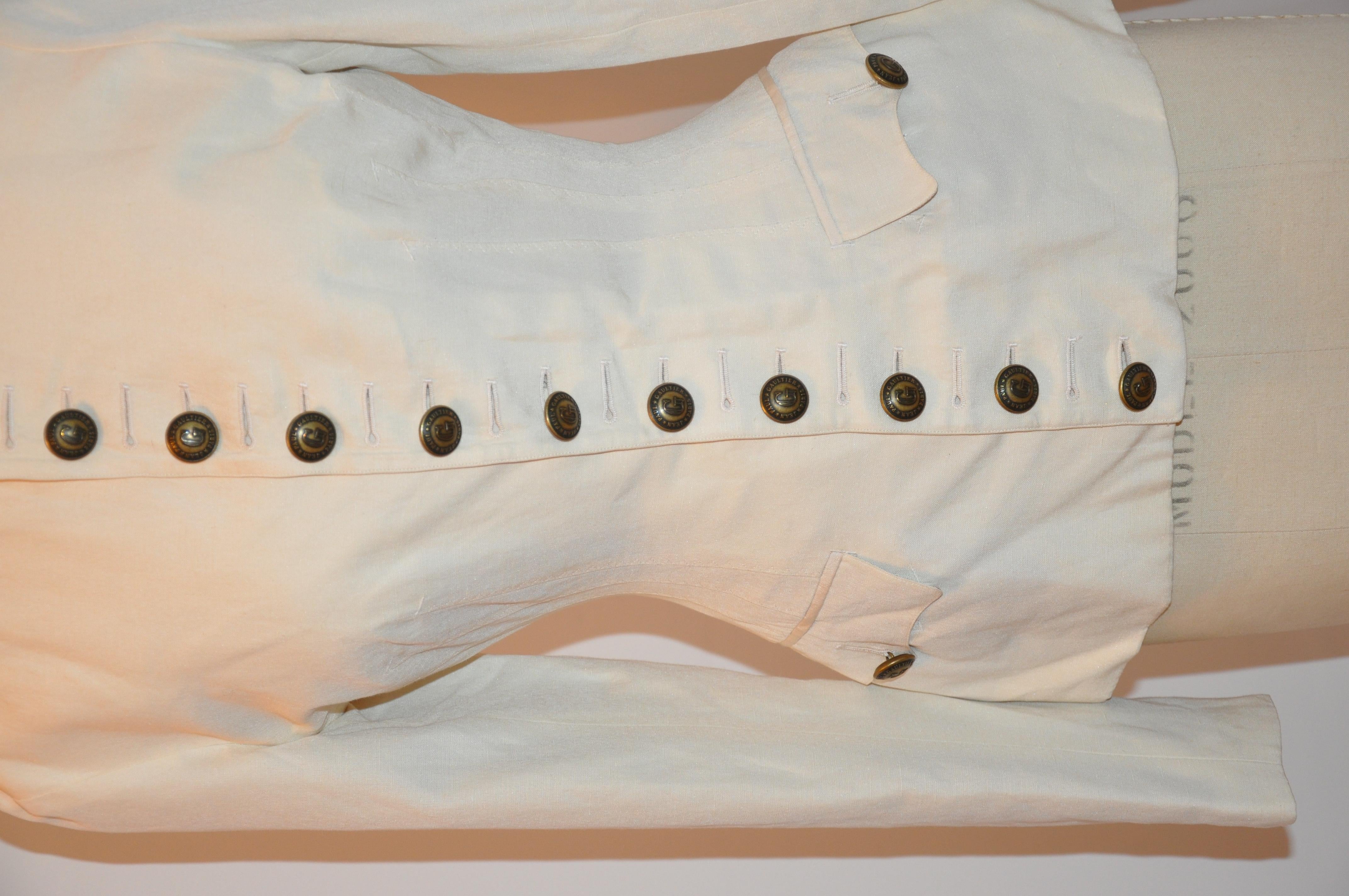 Beige Jean Paul Gaultier Cream Silk-Linen Military-Style Jacket For Sale