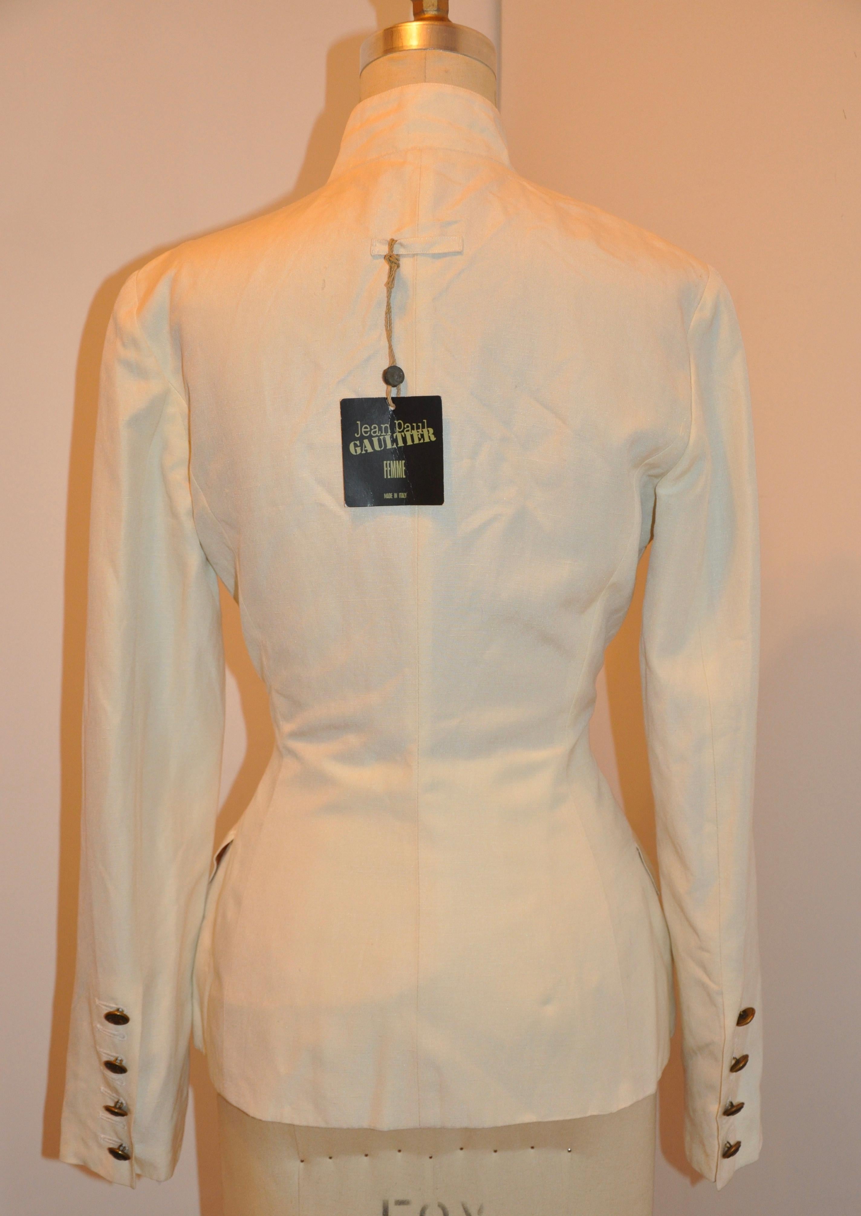 Women's or Men's Jean Paul Gaultier Cream Silk-Linen Military-Style Jacket For Sale