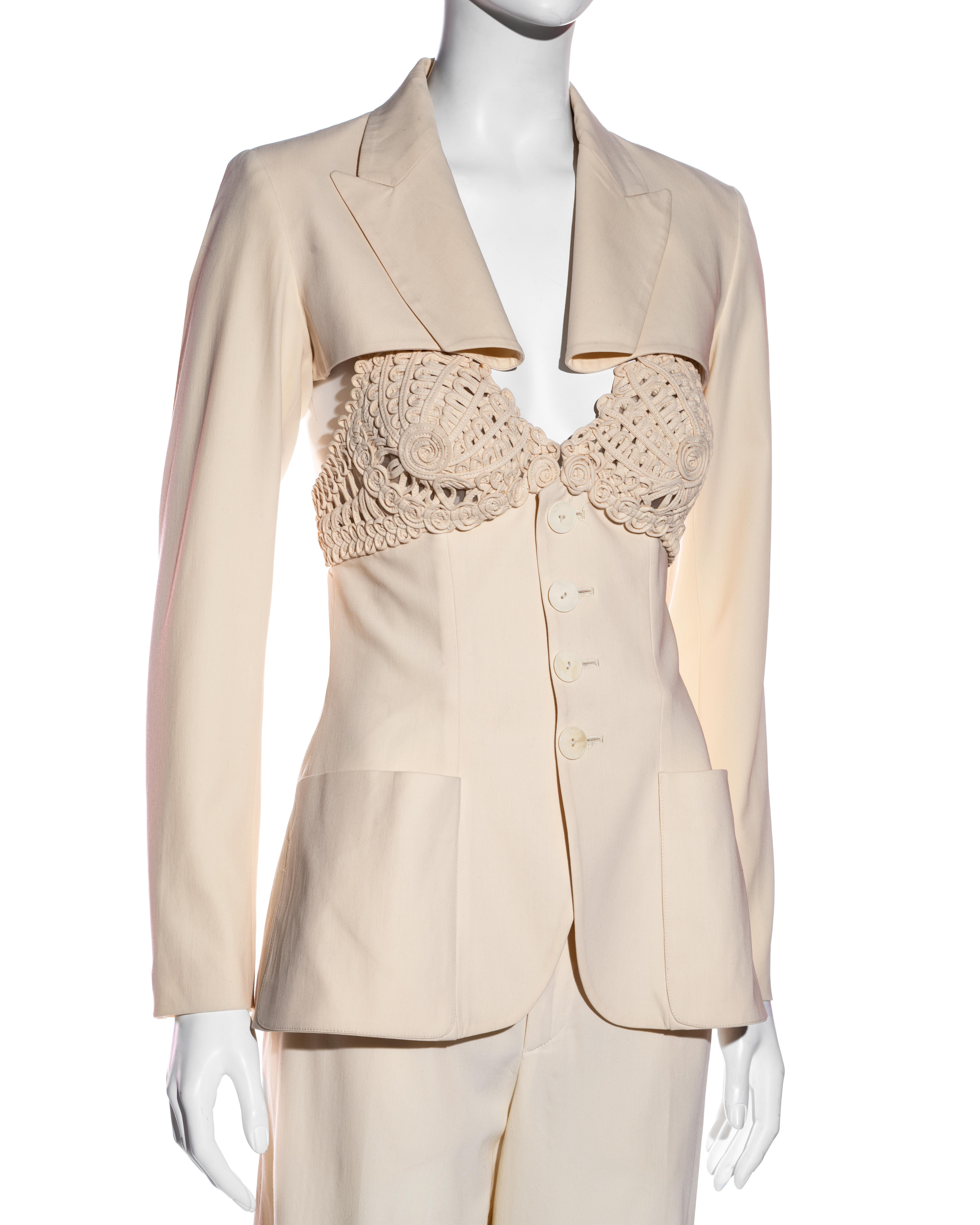Women's Jean Paul Gaultier cream wool and macramé 3 piece pant suit, ss 2007