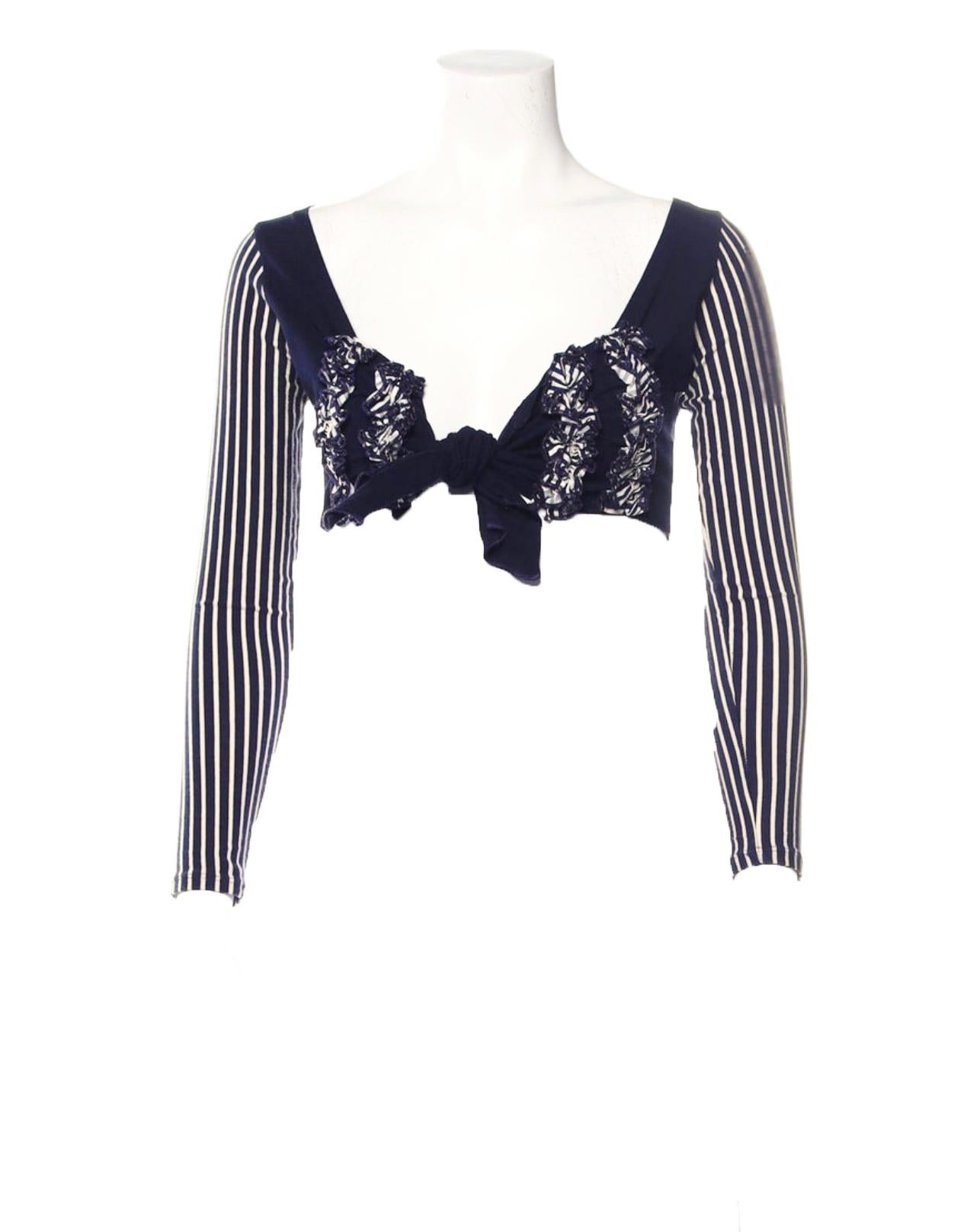 1990s Jean Paul Gaultier Crop Top with striped sleeves and ruffle accents
Condition :Excellent 
Size S/ 