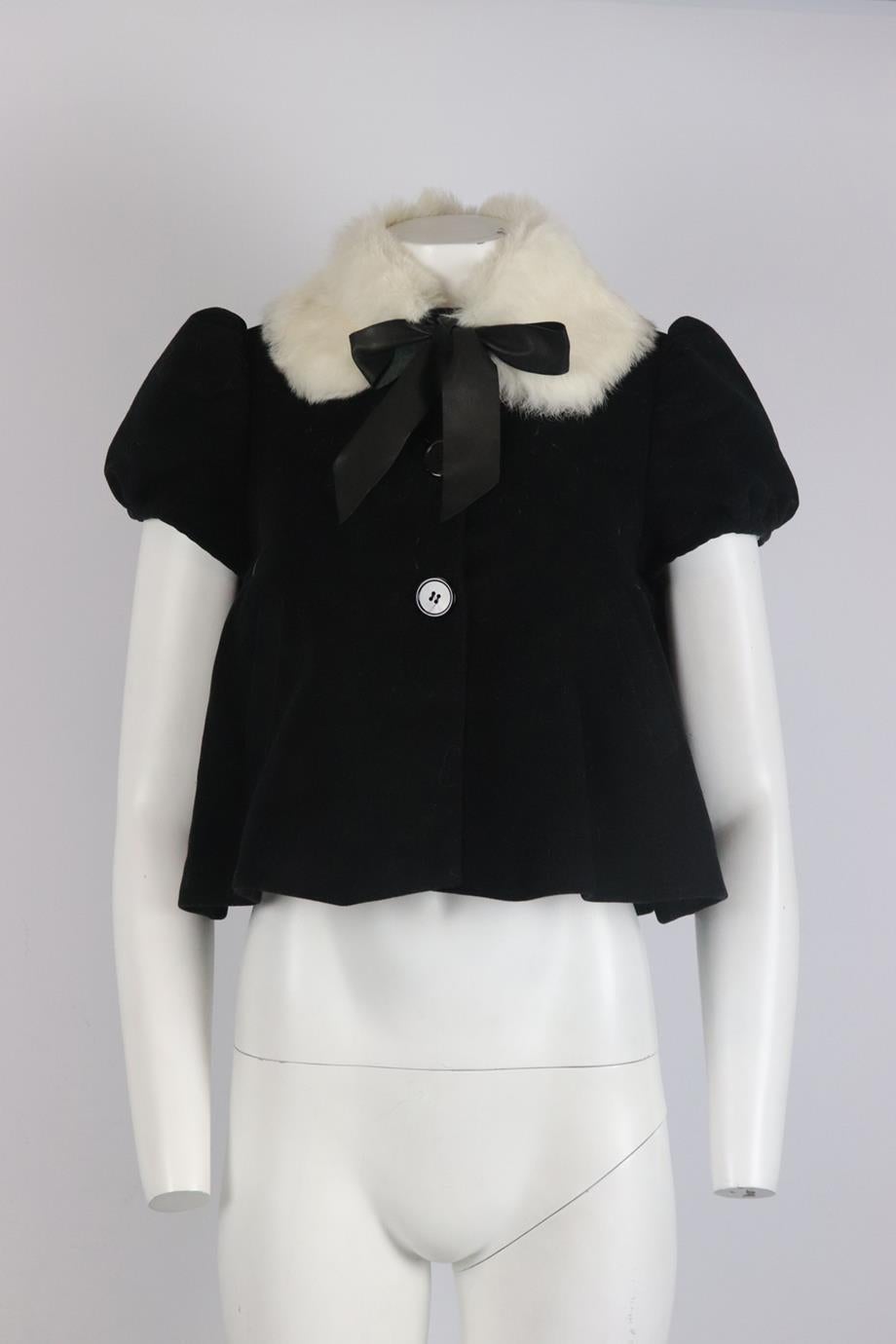 Jean Paul Gaultier cropped rabbit fur trimmed cotton jacket. Black and white. Short sleeve, crew neck. Button fastening at front. 100% Cotton; fabric 2: rabbit fur; lining: 70% acetate, 30% silk. Size: FR 38 (UK 10, US 6, IT 42). Shoulder to