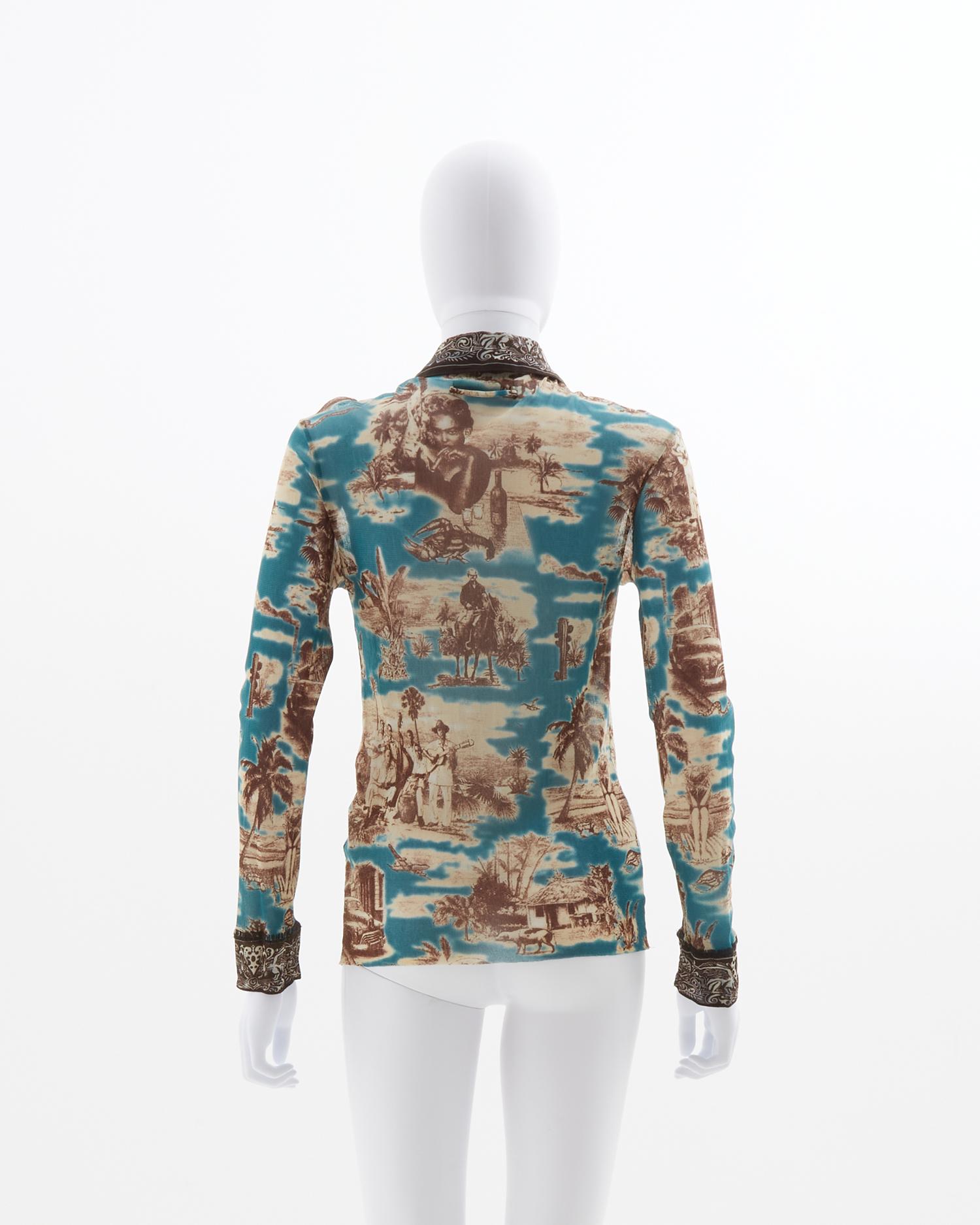 Jean Paul Gaultier Cuba print mesh long-sleeve shirt, ss 1998 In Excellent Condition For Sale In Milano, IT