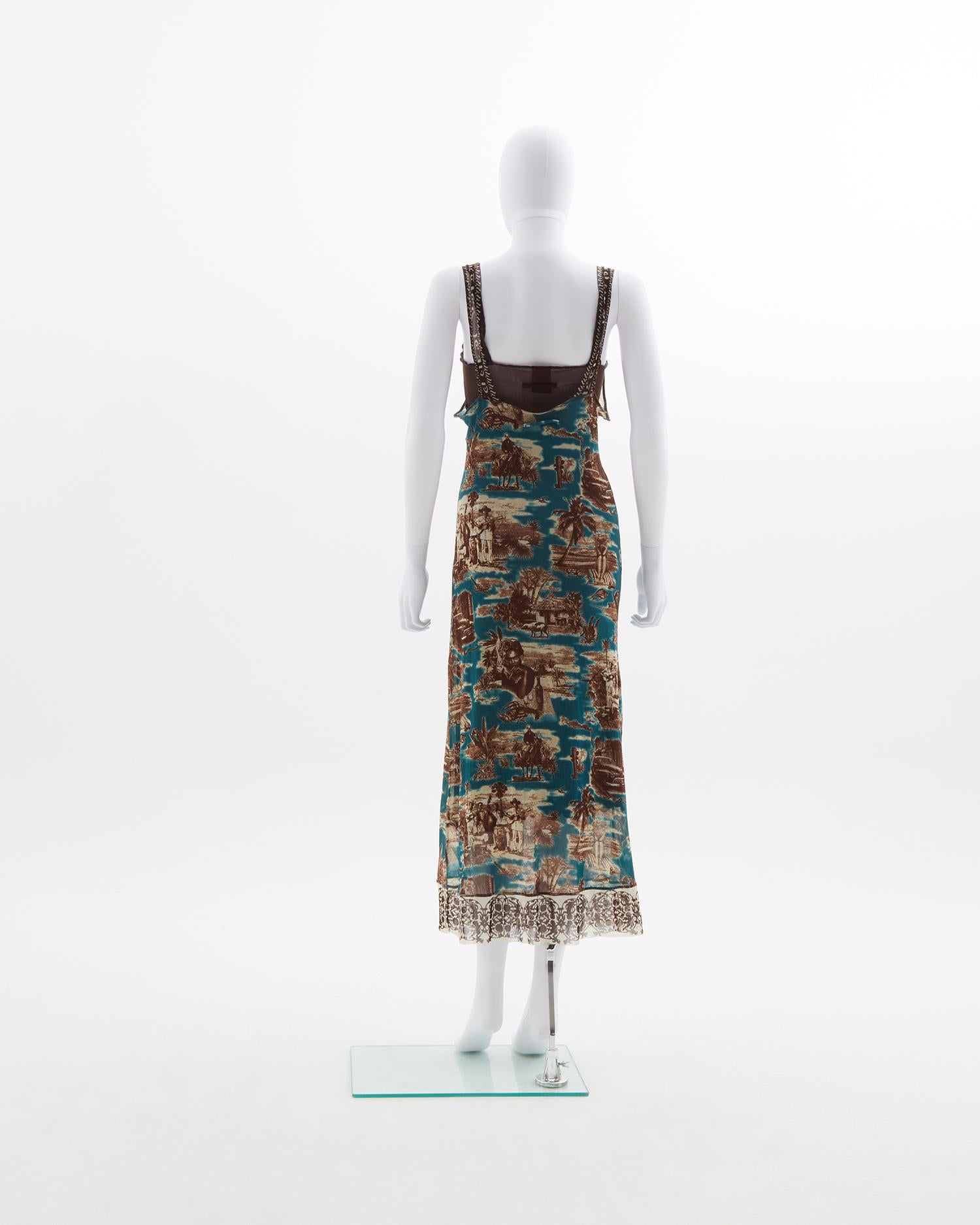 - Stretch mesh with Cuba themed print throughout in hues of teal, brown and cream 
- Sold by Skof.Archive
- Maxi dress with brown mesh lining 
- Spring Summer 1998

Size : FR 36 - EN 40 - UK 8 - US 4 (EU)

Materials : 100% Nylon 

Bust 36 cm /