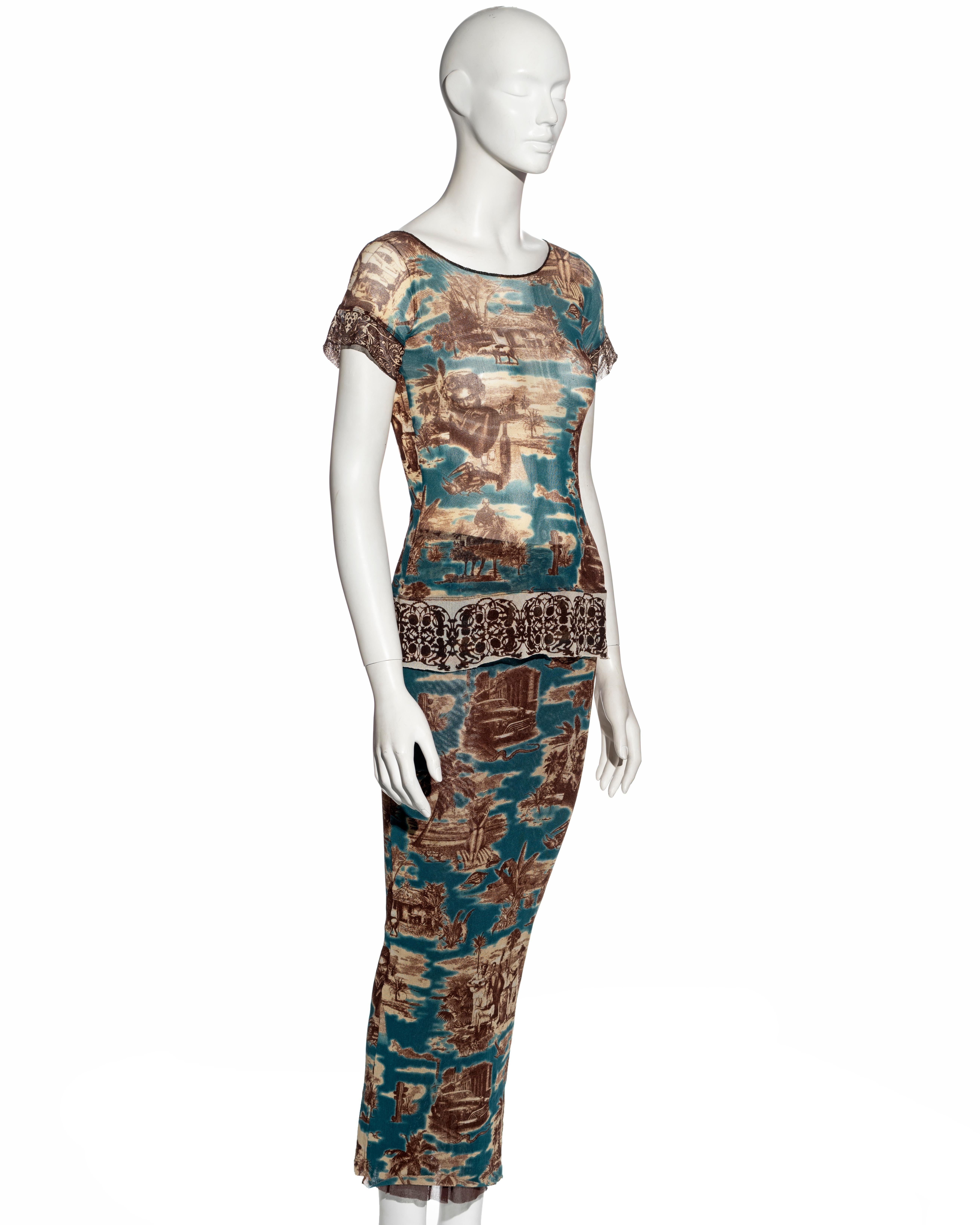 Women's Jean Paul Gaultier Cuba print mesh t-shirt and maxi skirt set, ss 1998
