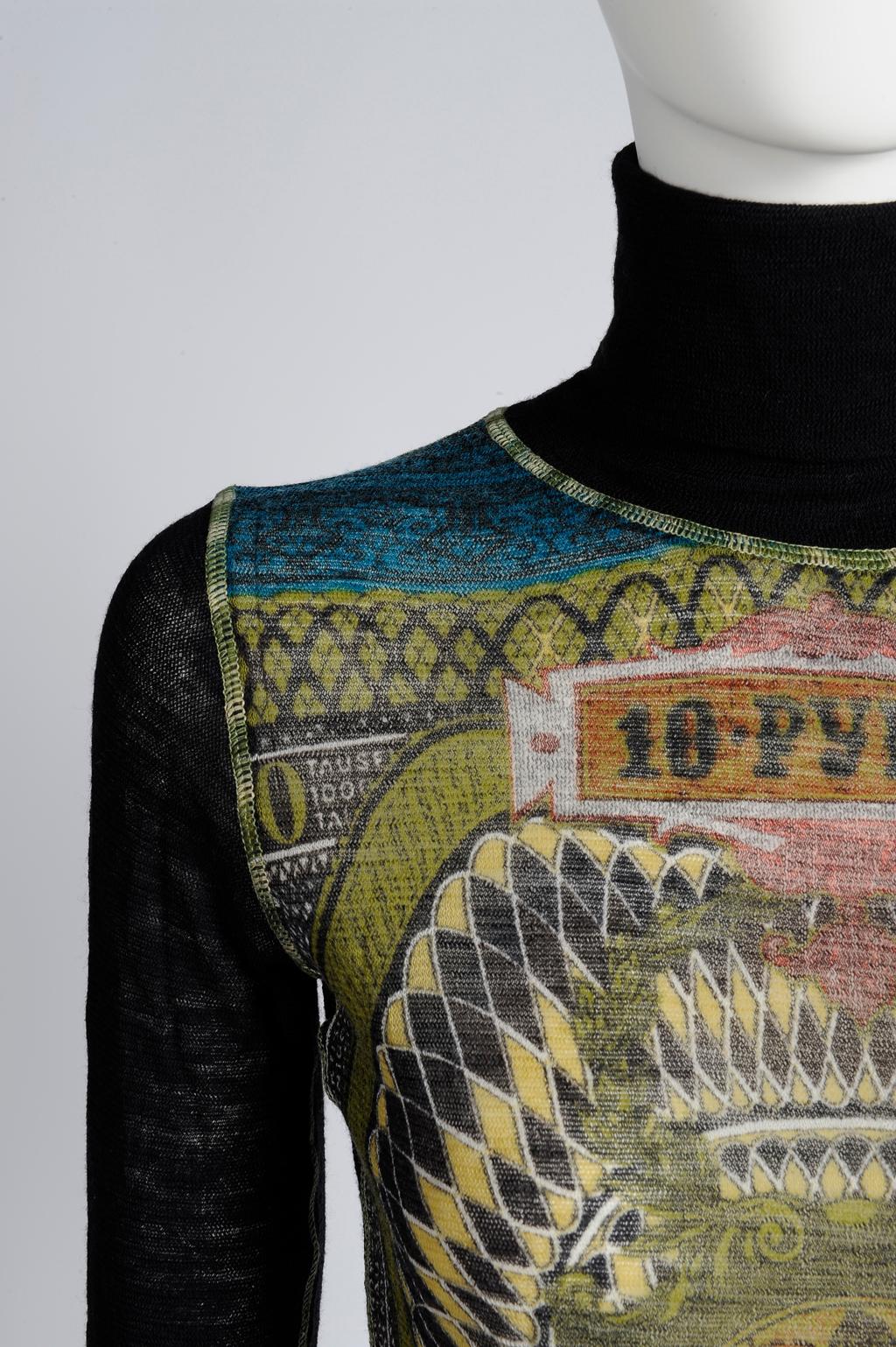 Black Jean Paul Gaultier Currency Print Mesh Turtleneck Top, Fall-Winter 1994-1995