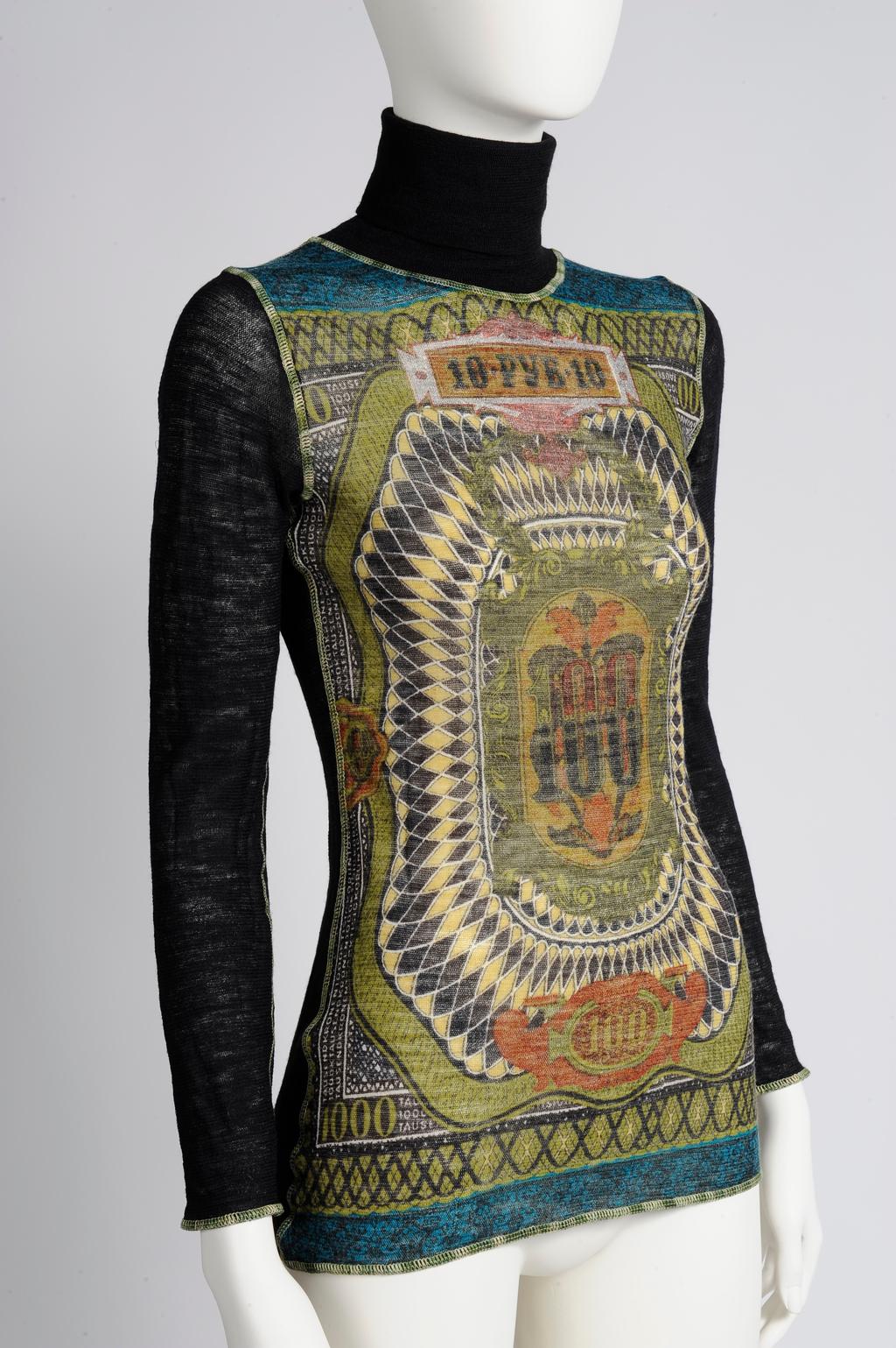 Women's or Men's Jean Paul Gaultier Currency Print Mesh Turtleneck Top, Fall-Winter 1994-1995