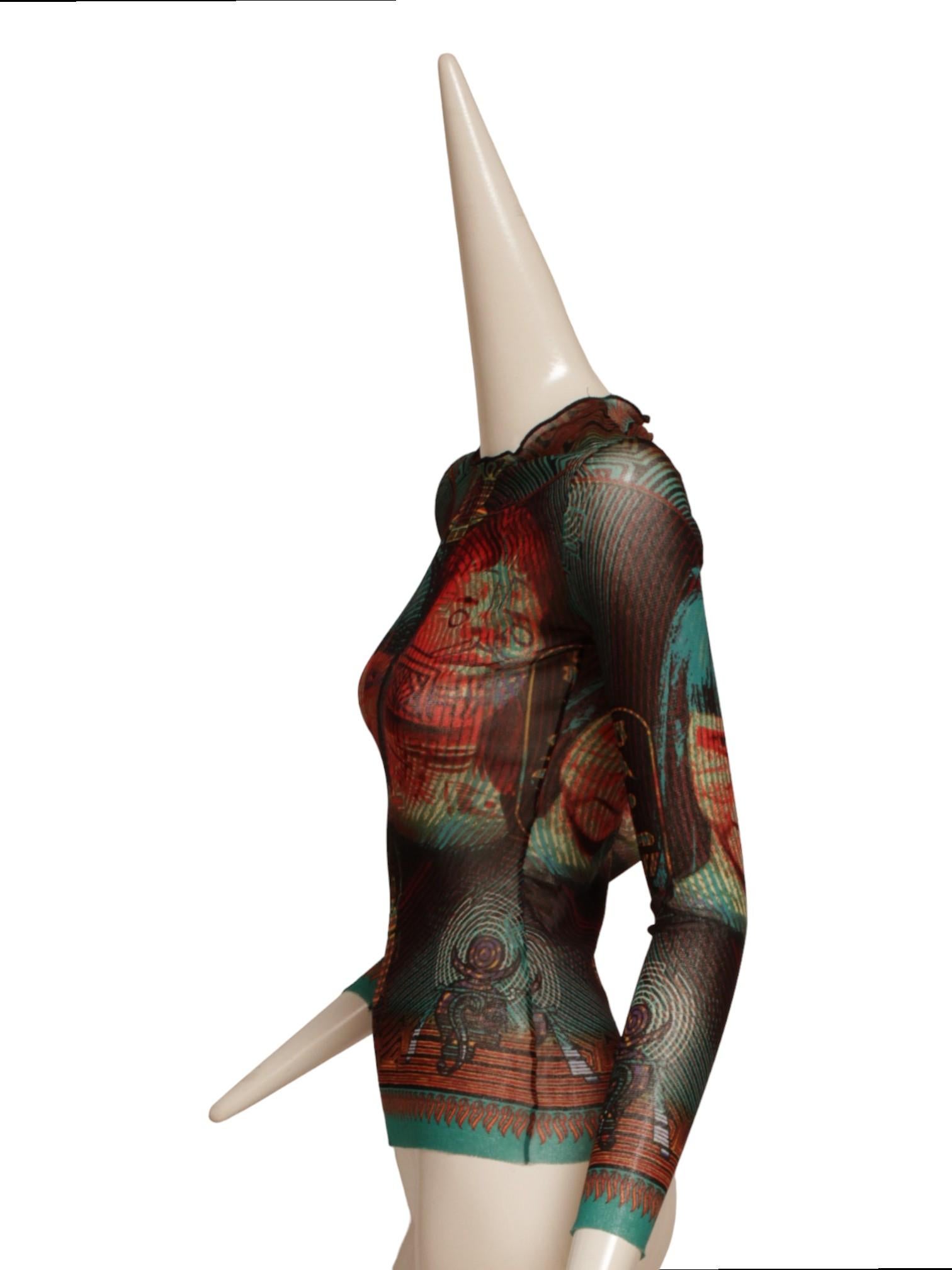JEAN PAUL GAULTIER, Cyber Brazilian currency long sleeve mesh top (As seen on Natalie Portman), FW1996)

Size Small
Measurements ; Shoulder 13