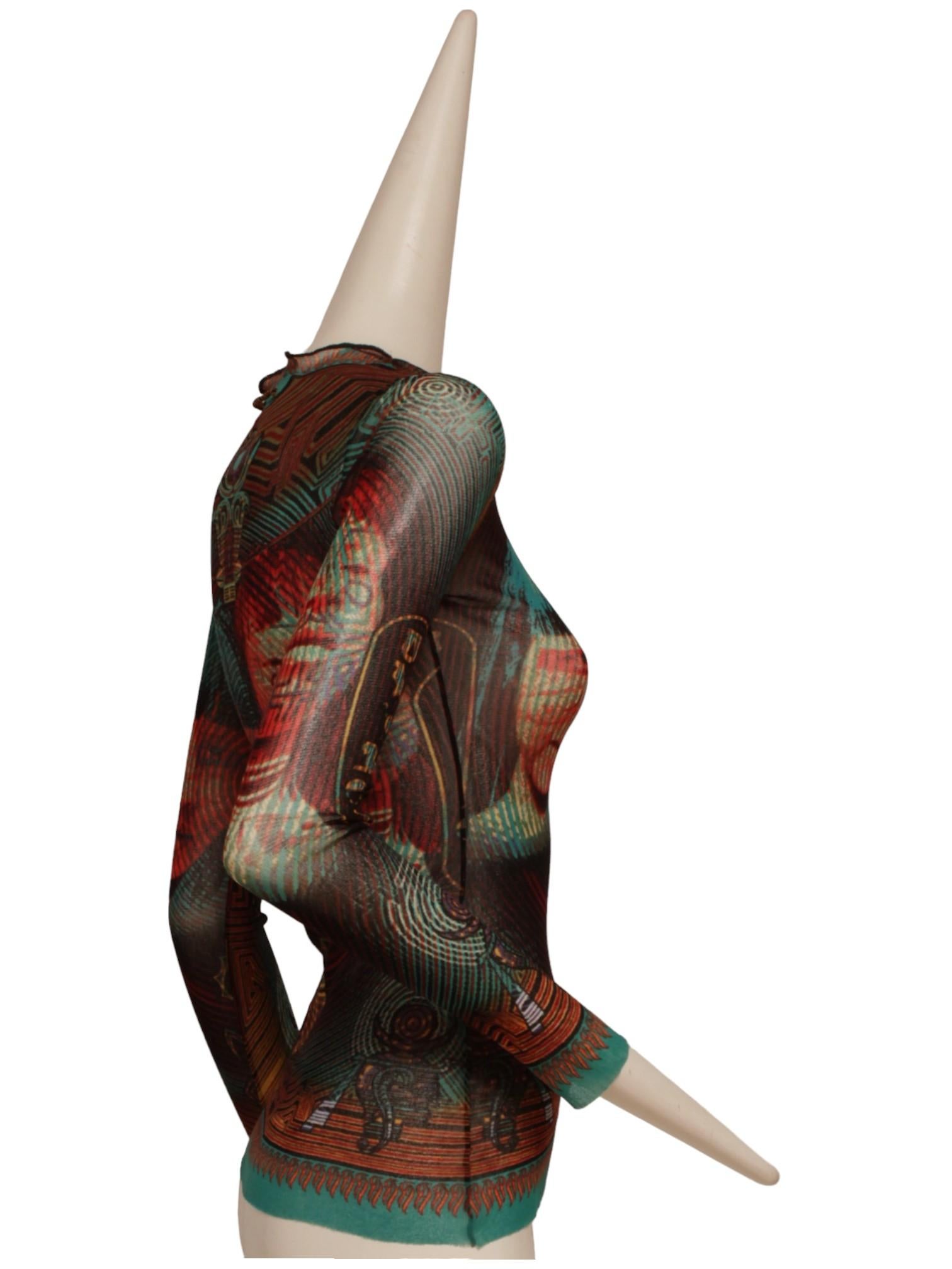 JEAN PAUL GAULTIER, Cyber Brazilian currency long sleeve mesh top In Excellent Condition In Kingston, NY
