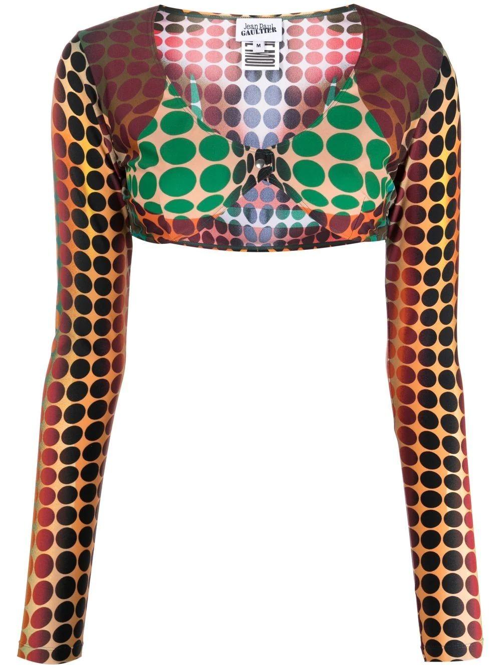 Jean-Paul Gaultier Cyber Psychedelic Dots Dotted Optical Illusion Kendall Jenner Kardashian Runway Multicolor crop top Bustier Bolero

From Jean Paul Gaultier's Cyber collection, this crop top features an iconic print of orange, yellow and brown