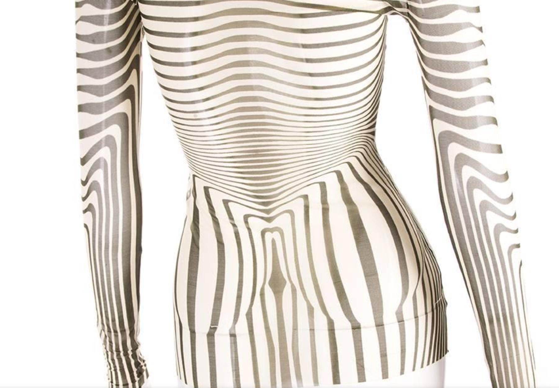 Gray Jean Paul Gaultier Cyberbaba Zebra Optical Illusion Striped Transparent Mesh Top