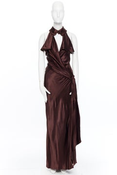 JEAN PAUL GAULTIER dark brown trench collared open back belted evening gown IT40