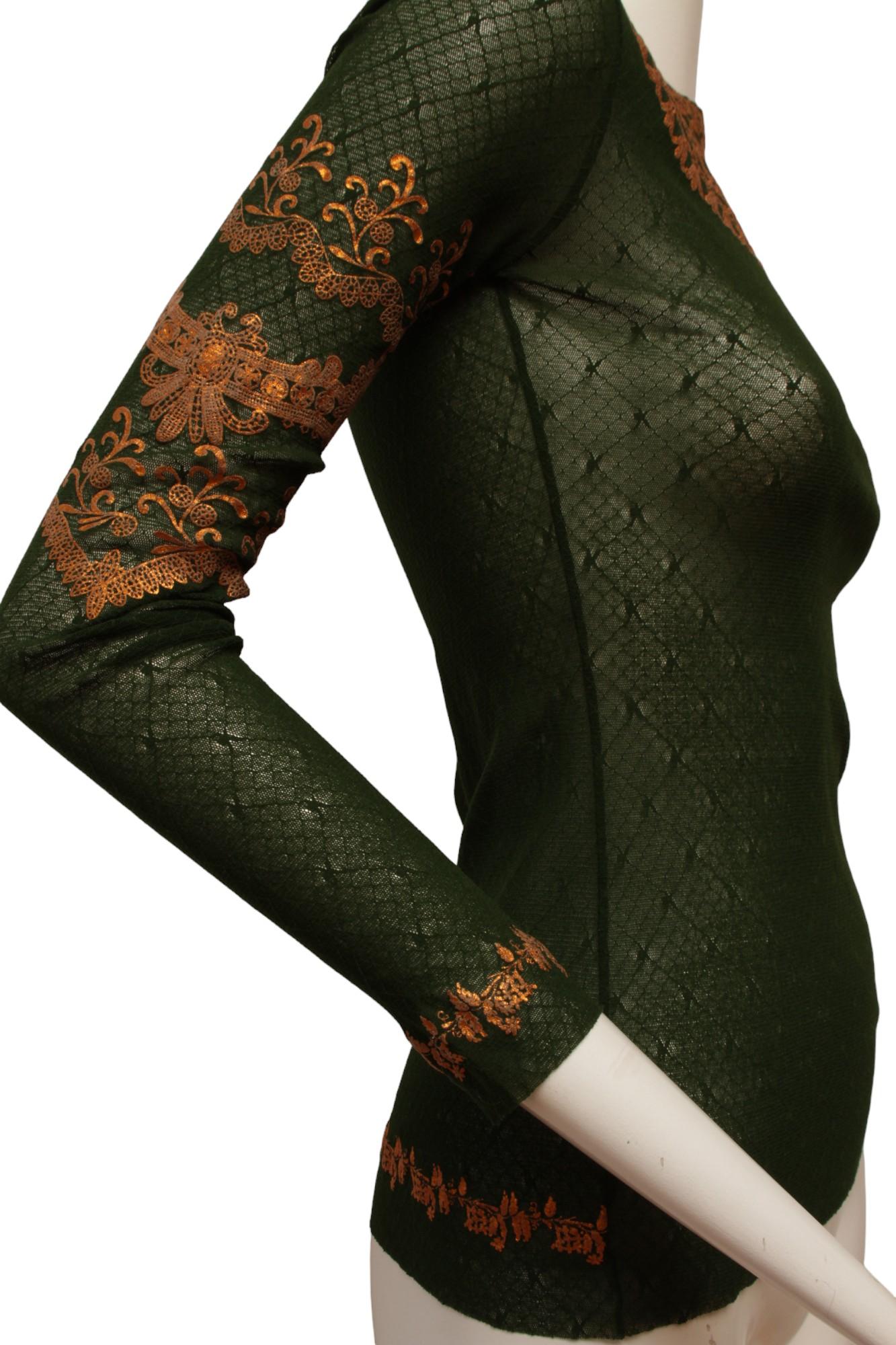 Jean Paul Gaultier Dark Green Long Sleeve Mesh with Gold Metallic Detail In Excellent Condition For Sale In Kingston, NY